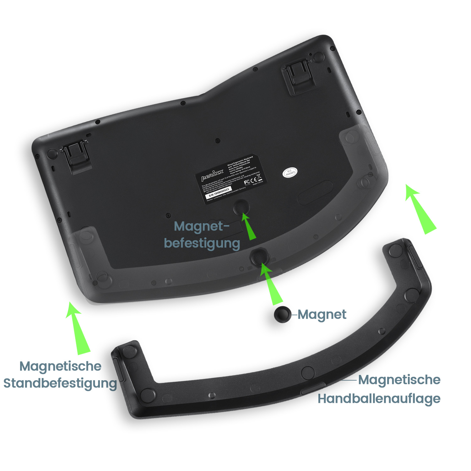 Parte inferiore di una tastiera nera. Mostra gli attacchi magnetici per il poggiapolsi e il supporto.