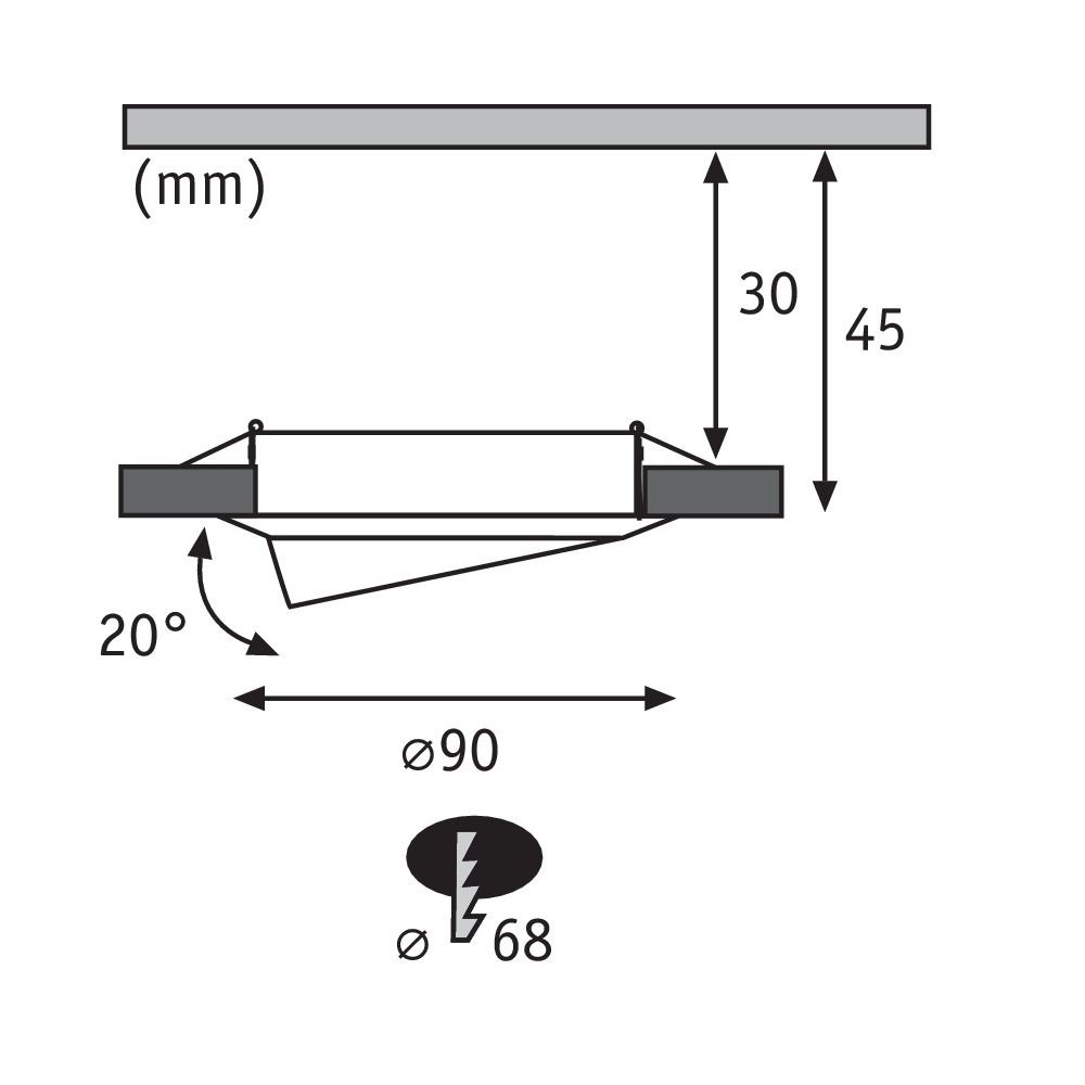 Diagramma che mostra un elemento di illuminazione a incasso con misure e angoli.