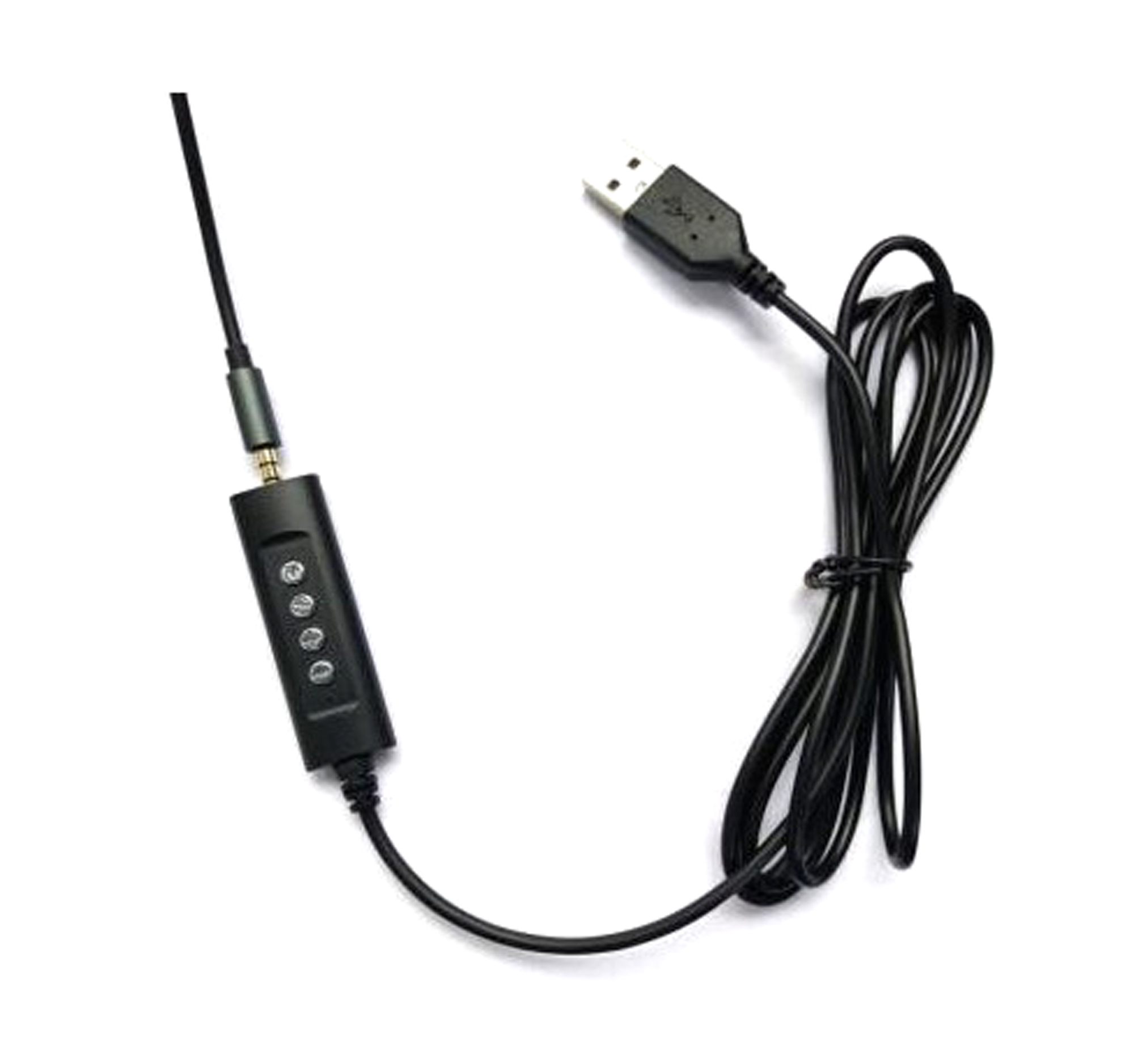 Ein schwarzes Kabel mit 3,5-mm-Klinke und USB-Anschluss. Am Kabel befindet sich eine Steuerbox mit Knöpfen.