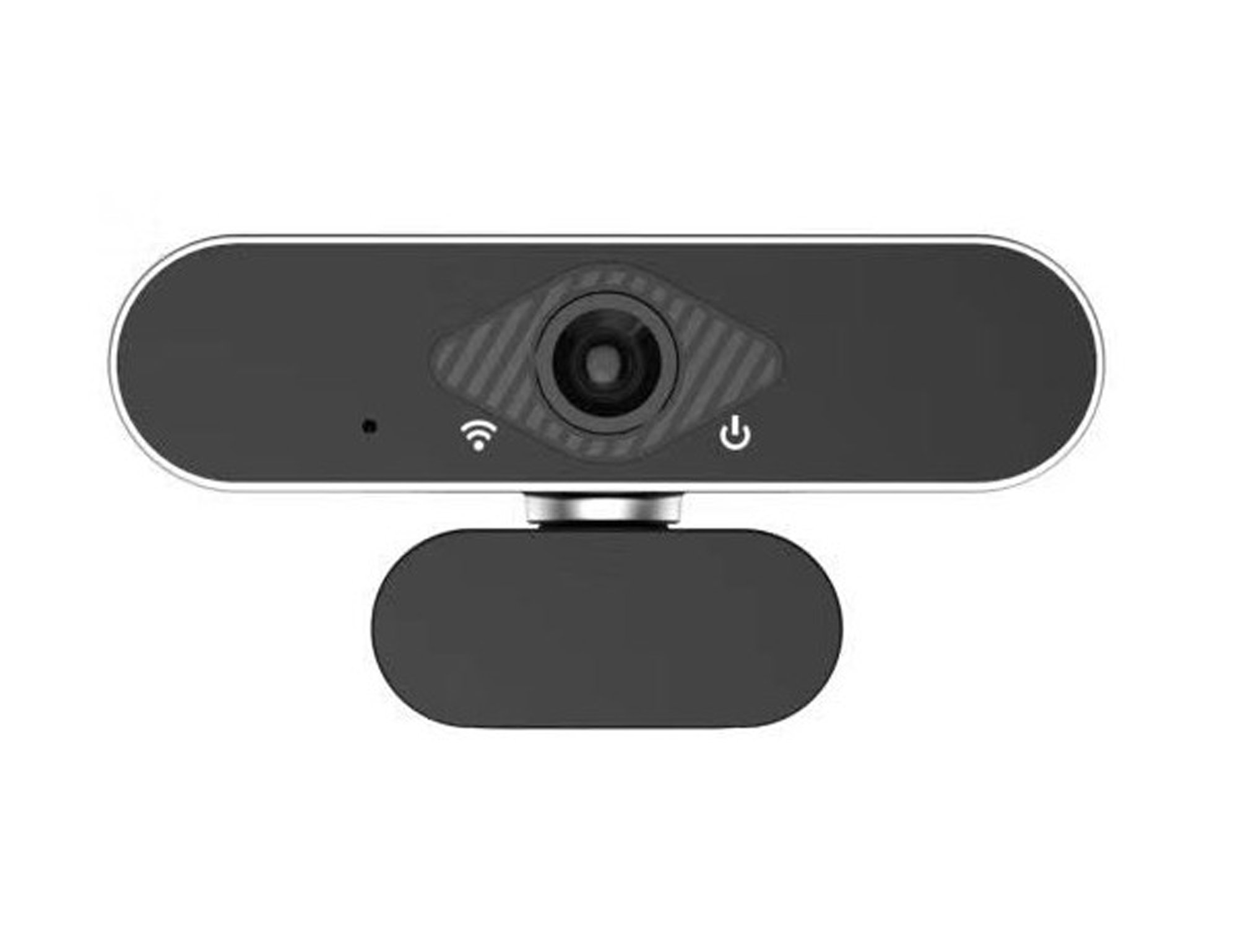Eine schwarze Webcam mit Linse und Strom-/WLAN-Anzeigen.
