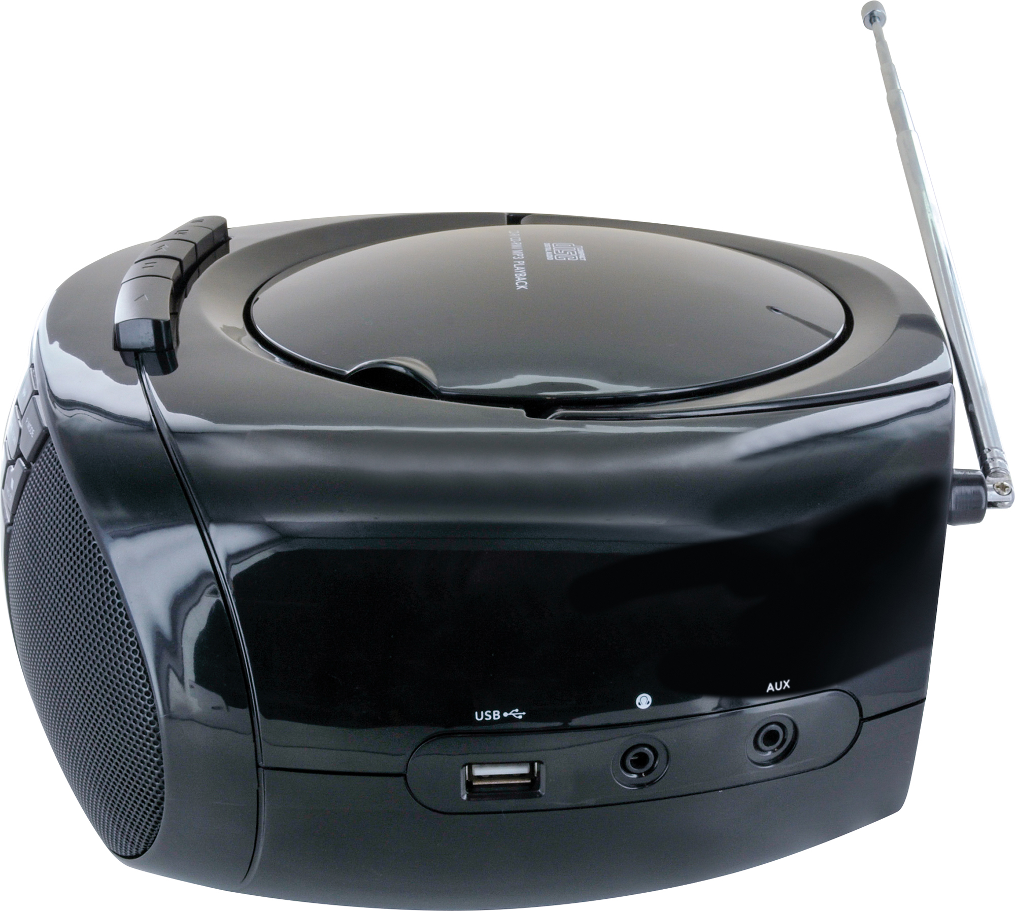 Schwarzer CD-Player mit Radio und Antenne. USB, AUX-Anschlüsse und Lautsprecher sichtbar. Weißer Hintergrund.