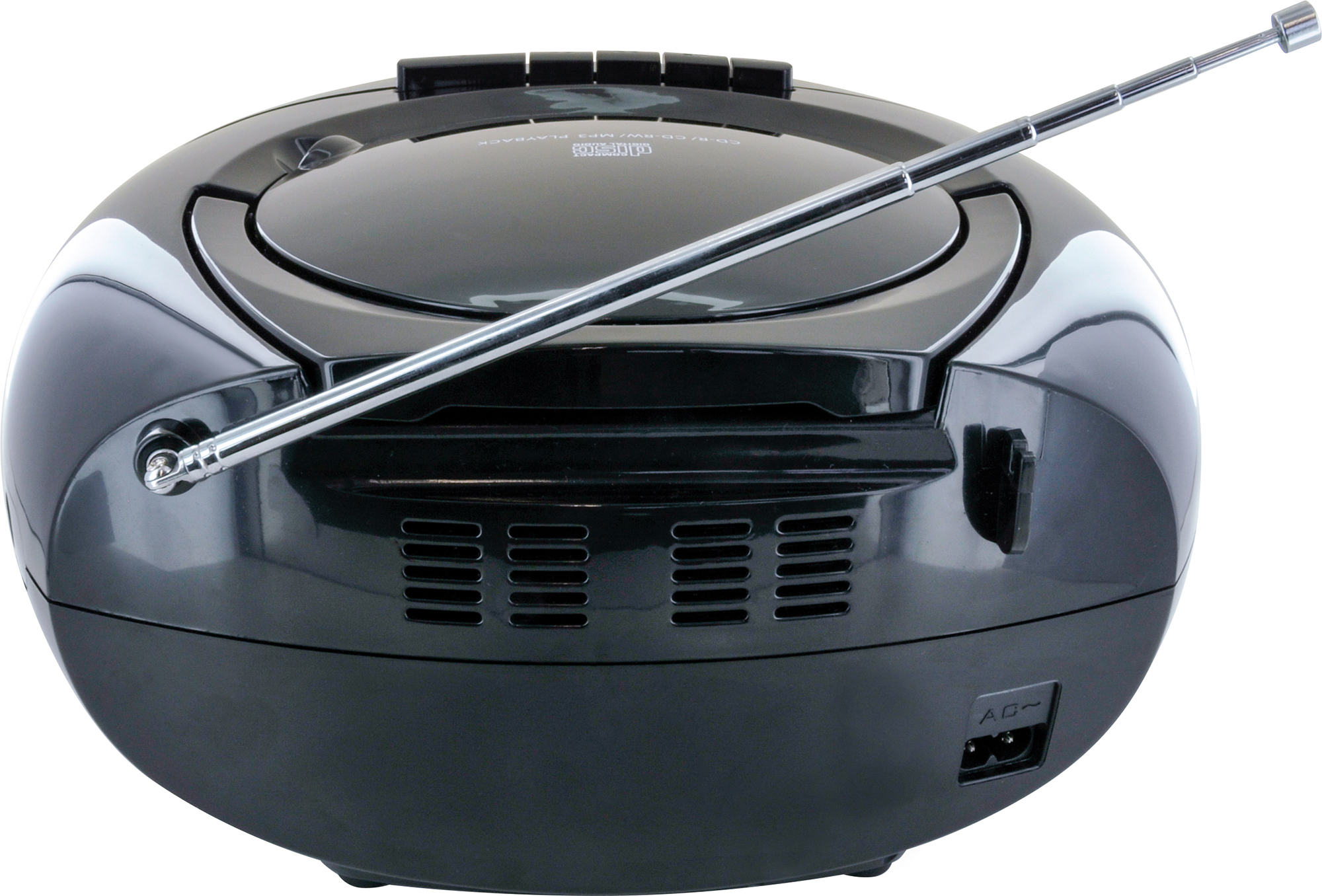 Schwarzer, ovaler CD-Player/Radio mit ausziehbarer Antenne. Zeigt den AC-Stromeingang.