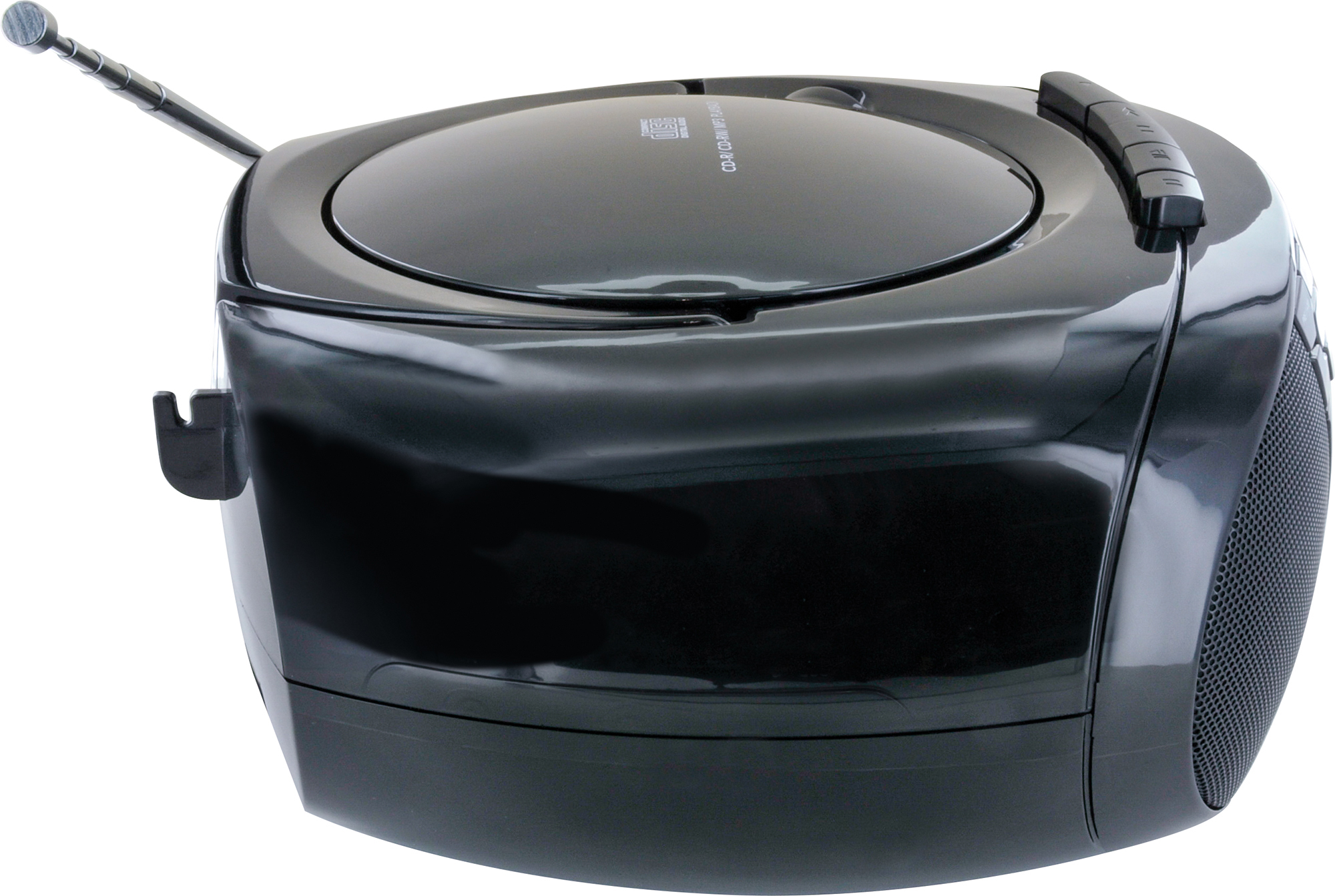 Ein schwarzer CD-Player mit Antenne, mit einer silberfarbenen Tastenleiste auf der rechten Seite.