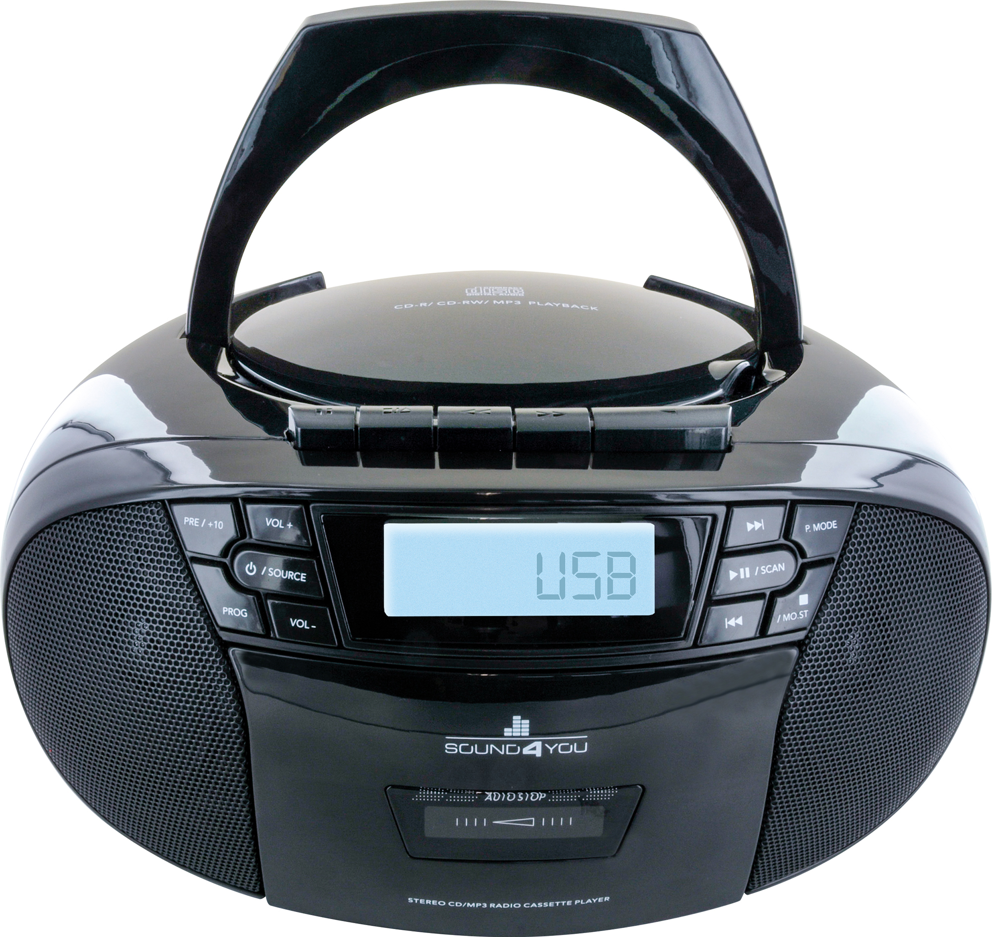 Eine schwarz-graue Boombox mit Griff, Knöpfen und USB-Anschluss. Der Bildschirm zeigt "USB" an.