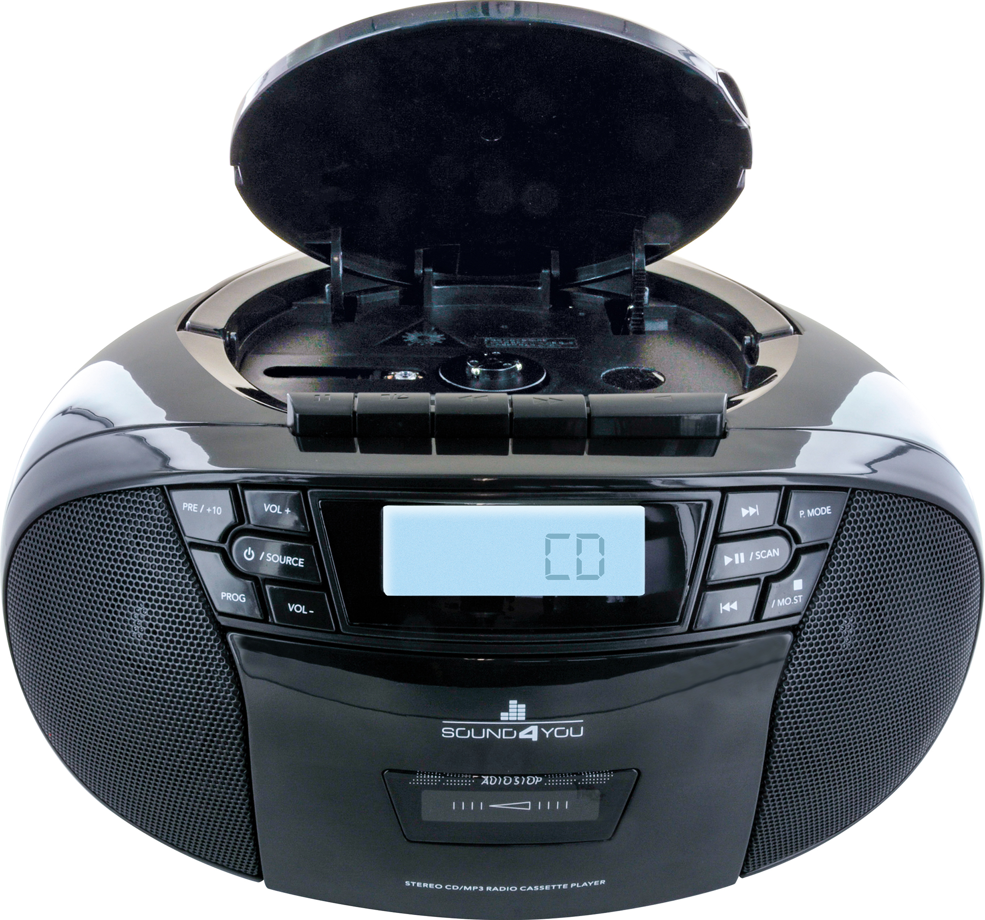 Schwarzer Stereo-CD/MP3-Radiokassetten-Player, geöffnet, um das CD-Fach zu zeigen.