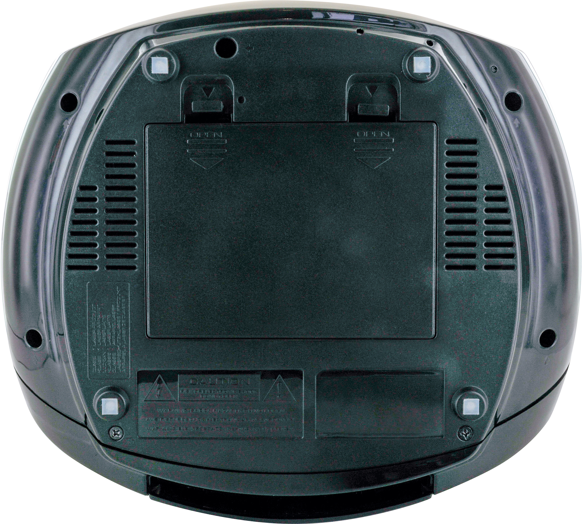 Die Rückseite einer dunkel gefärbten Boombox. Zu den Merkmalen gehören Lautsprecheröffnungen, Batteriefach und Etiketten.