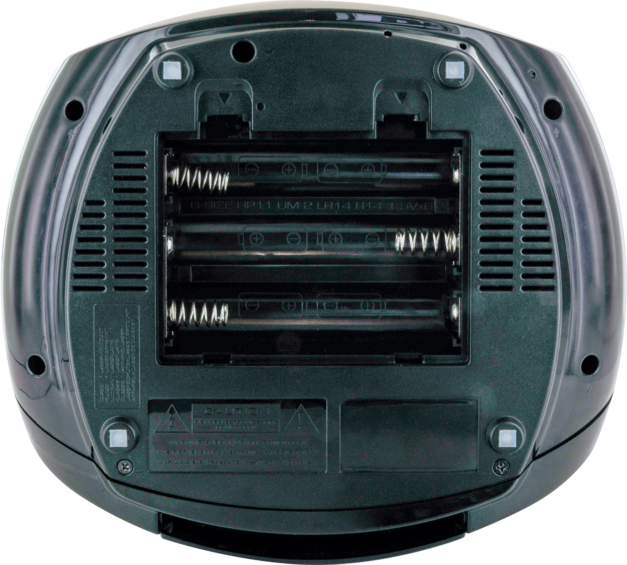 Rückseite einer schwarzen Boombox. Zeigt das Batteriefach mit Platz für Batterien.