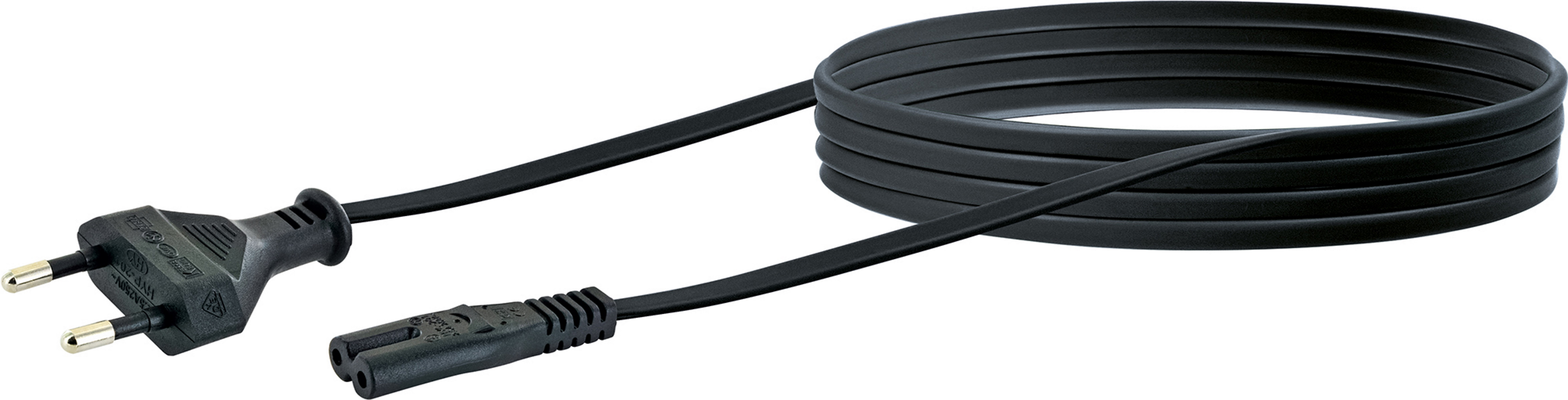 Schwarzes Netzkabel mit Stecker an einem Ende und kleinerem Anschluss am anderen.