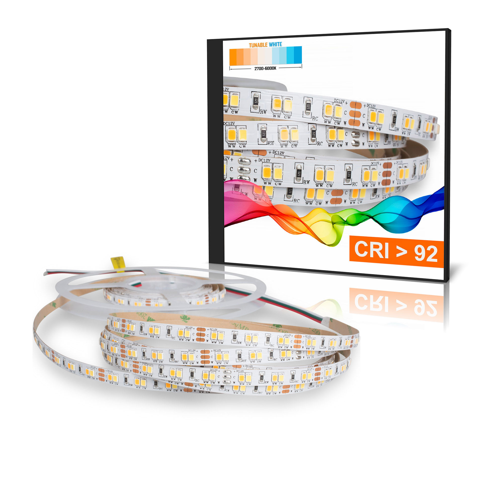 LED-Streifen, weiß und mehrfarbig. Box mit Farboptionen und CRI-Wert.