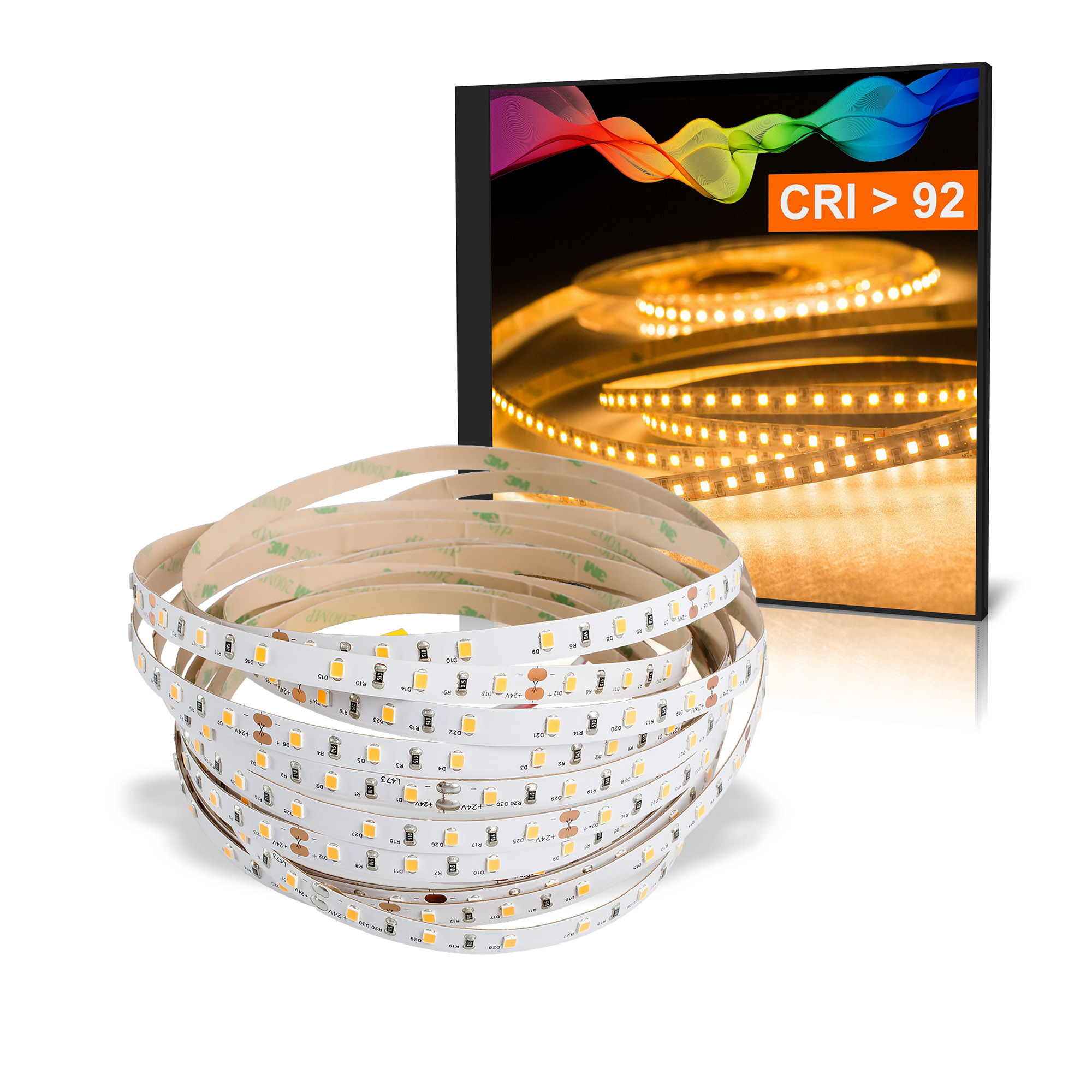 LED-Streifenlichter mit Box. Weißer Hintergrund.