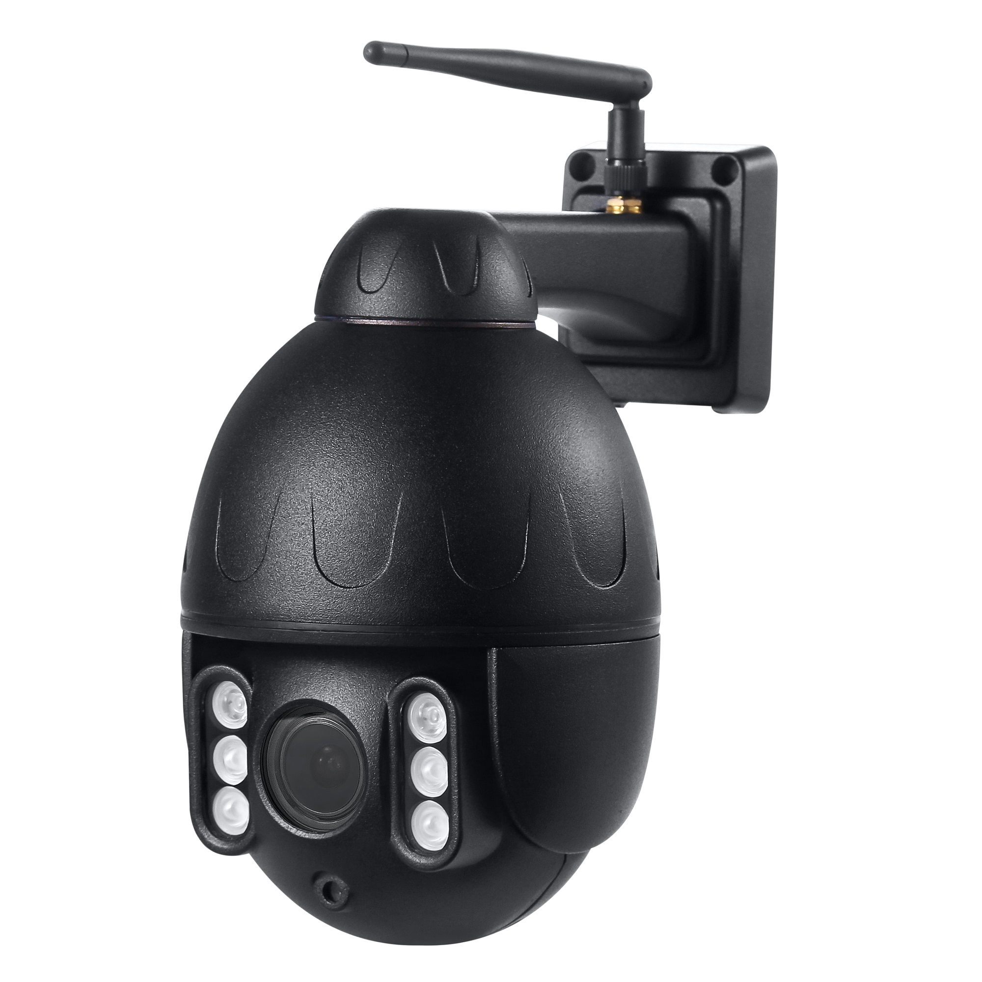 Schwarze Überwachungskamera mit Antenne an der Wand. Die Kamera hat mehrere Lichter und eine Linse.
