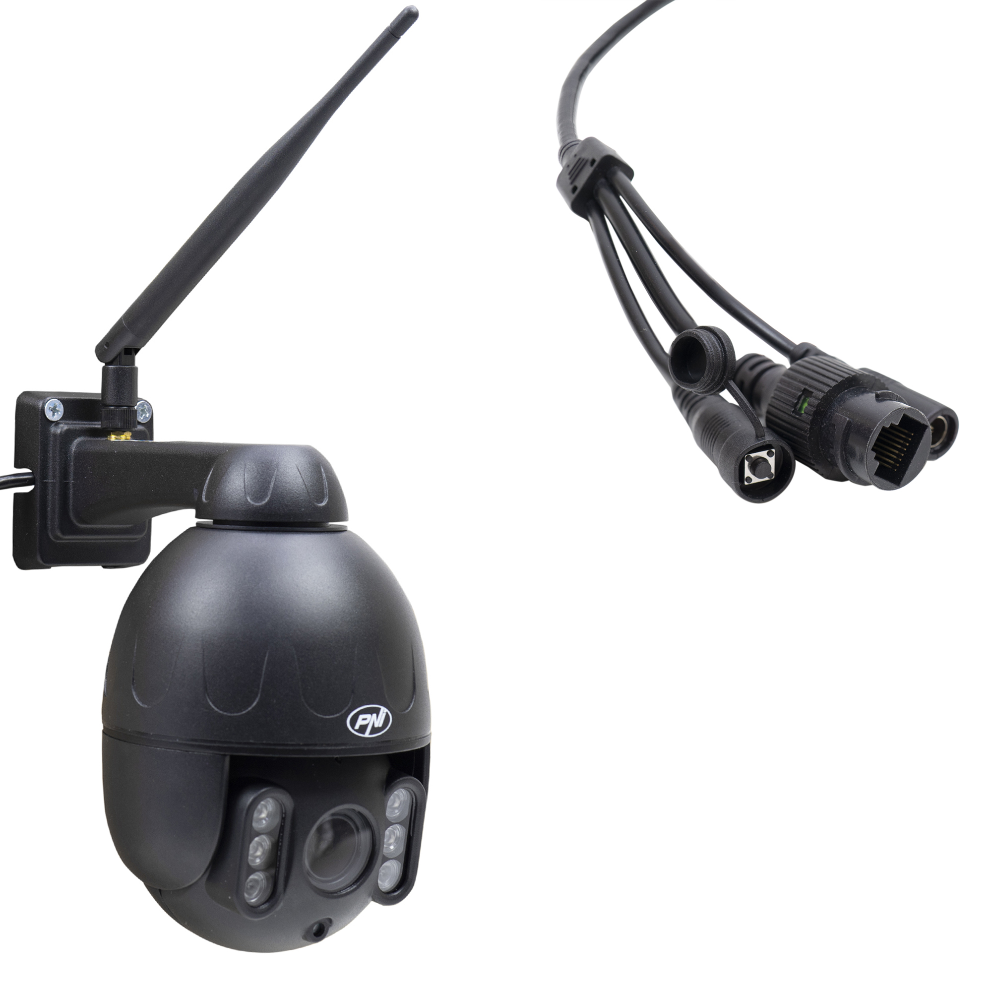 Eine schwarze Überwachungskamera und ein Satz Kabel auf weißem Hintergrund. Die Kamera hat eine lange Antenne.