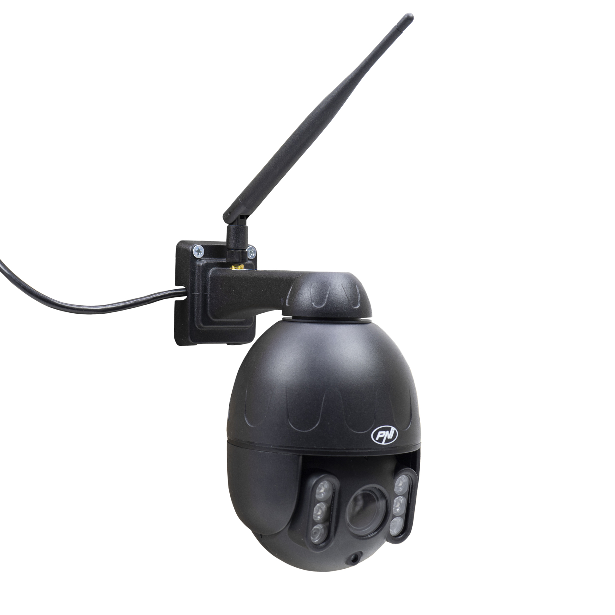 Eine schwarze Überwachungskamera mit Antenne, an einer Wand montiert. Sie hat Lichter und ein Objektiv.