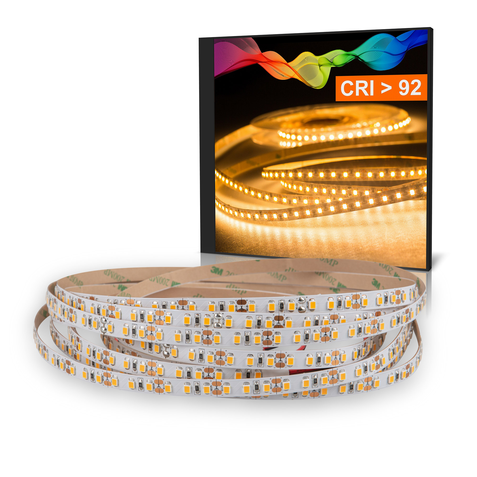 LED-Lichtstreifen in einer Rolle. Die Box im Hintergrund zeigt die Farbe des Lichts.