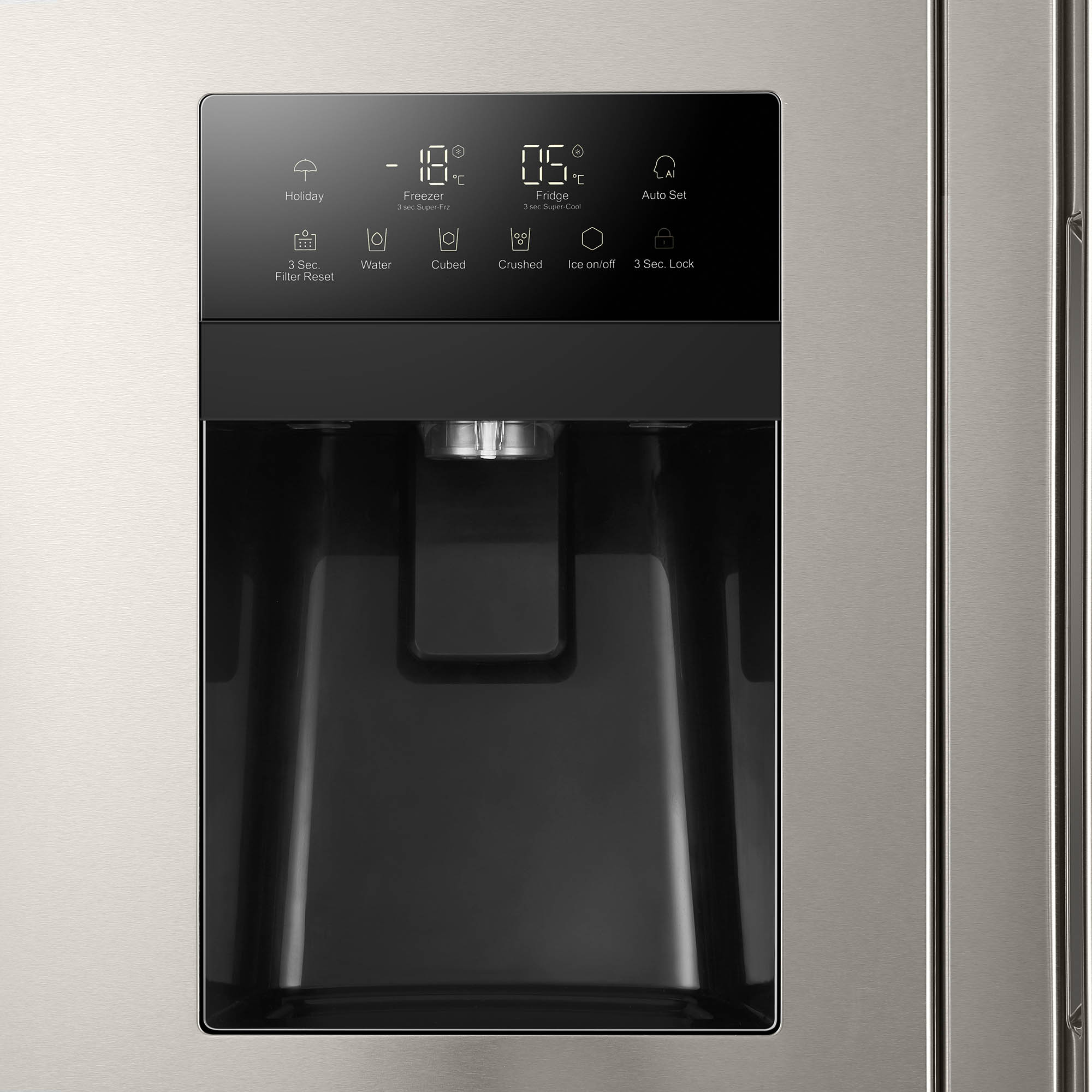 Roestvrijstalen koelkastdeur met zwart bedieningspaneel en ijs-/waterdispenser.