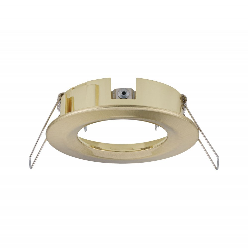 Apparecchio di illuminazione a incasso dorato, design circolare, con due clip a molla.