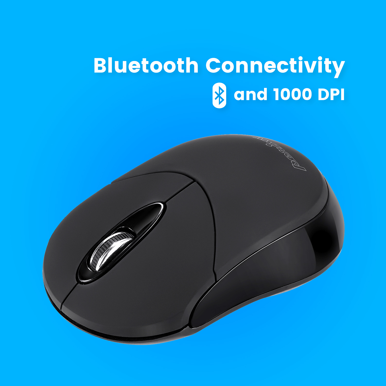 Schwarze kabellose Maus auf blauem Hintergrund. Text sagt Bluetooth-Konnektivität und 1000 DPI.