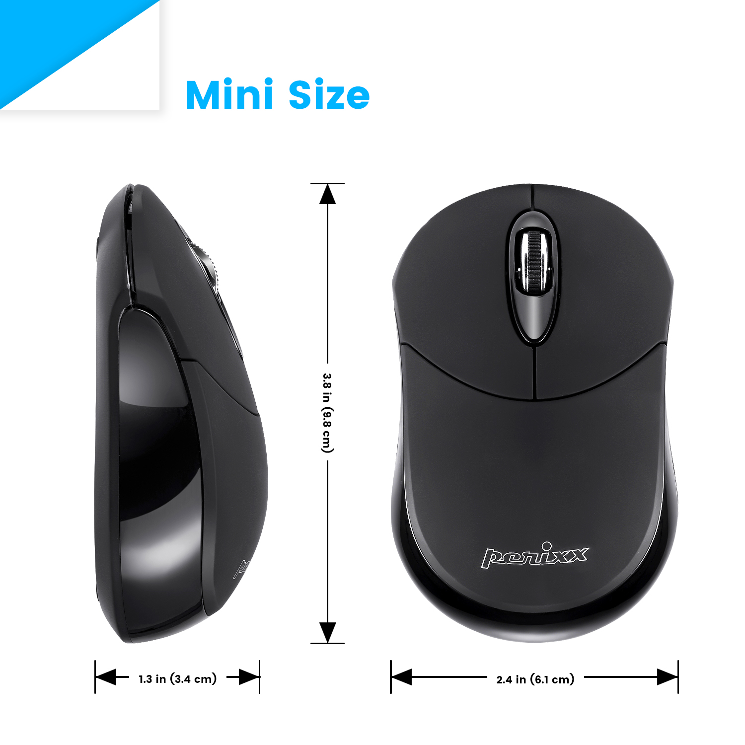 Schwarze Computermaus mit Abmessungen. Seiten- und Draufsicht. Text: "Mini Size".