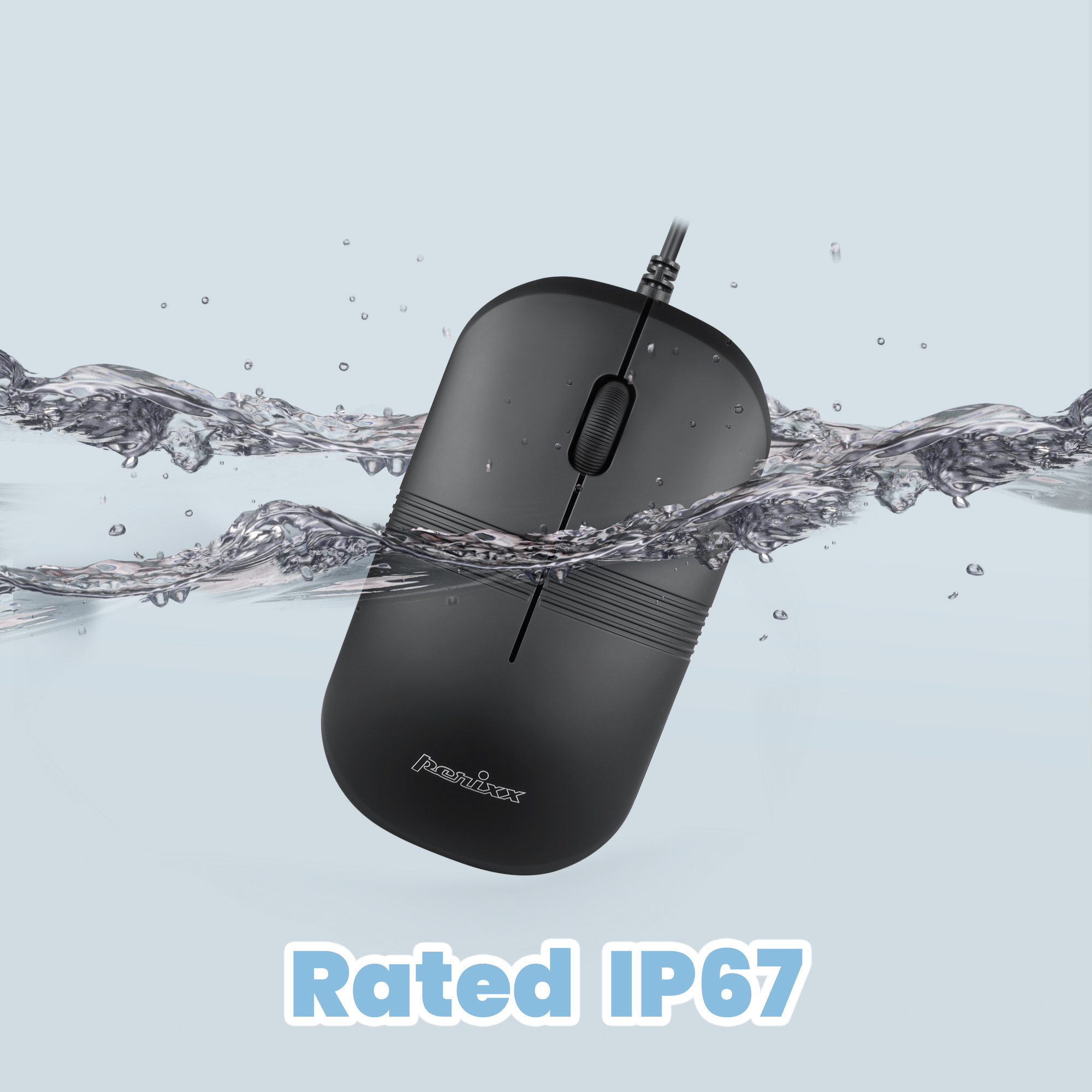 Schwarze Computermaus unter Wasser. Text: Rated IP67, zeigt Wasserbeständigkeit.
