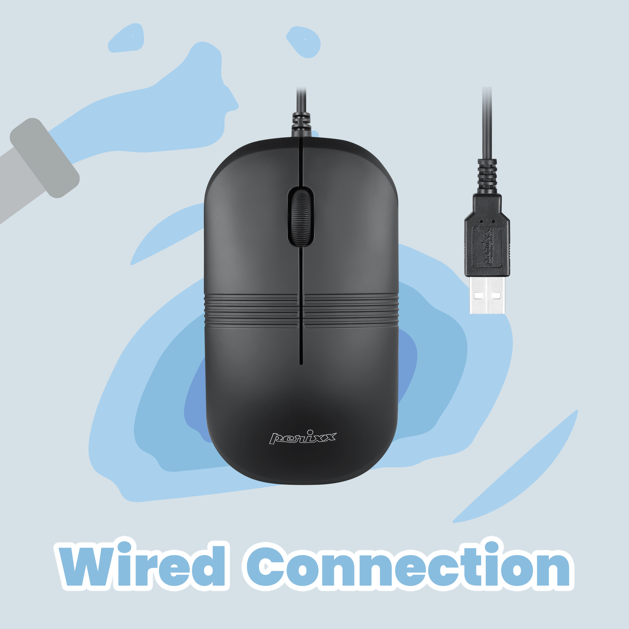 Schwarze kabelgebundene Maus mit USB-Anschluss. Die Maus hat ein Scrollrad und das Wort 'perixx'.