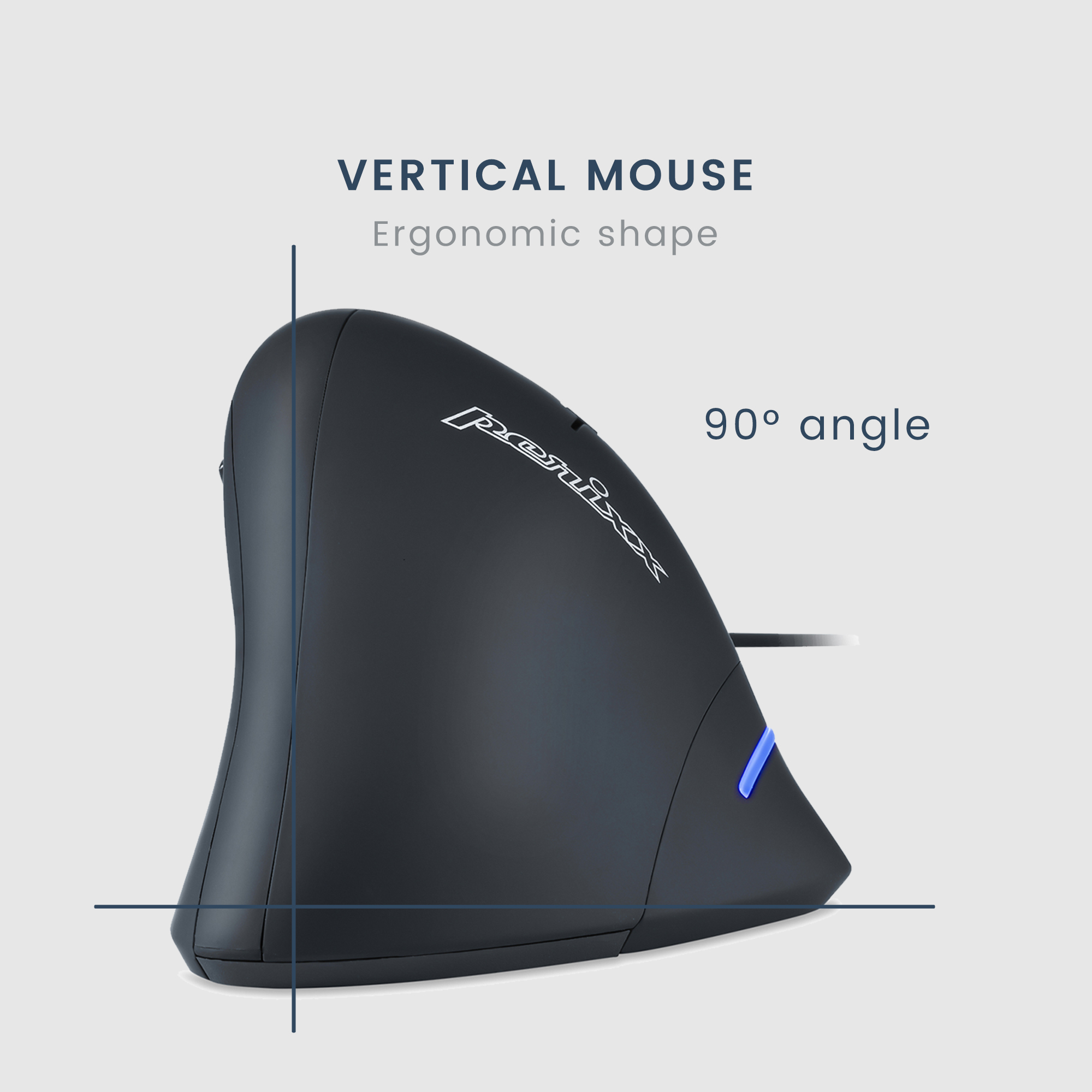 Eine schwarze vertikale Maus mit ergonomischer Form. Sie hat einen 90°-Winkel.