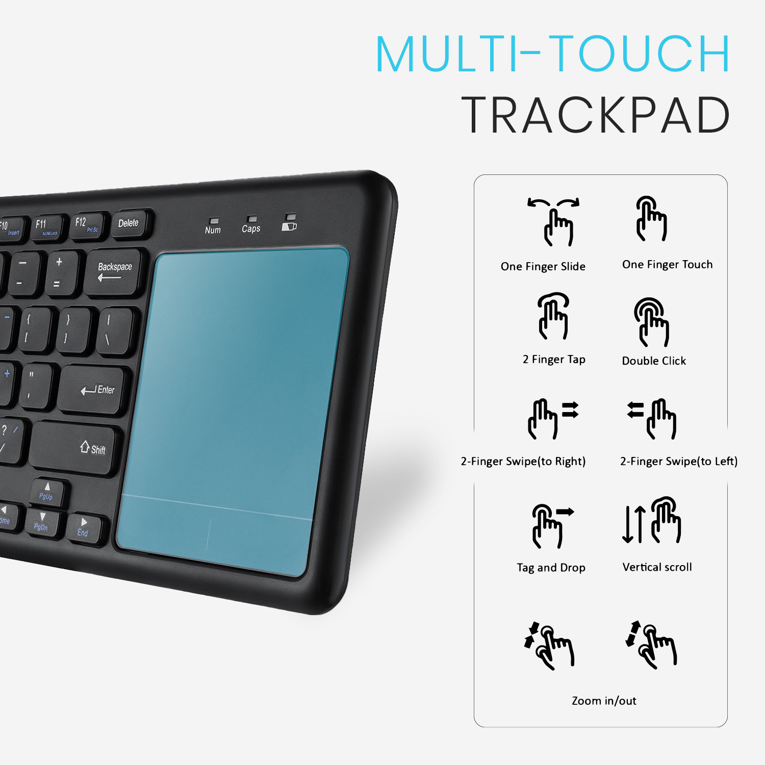 Schwarze Tastatur mit blauem Touchpad. Weißer Hintergrund. Multi-Touch-Trackpad-Anweisungen. Symbole.