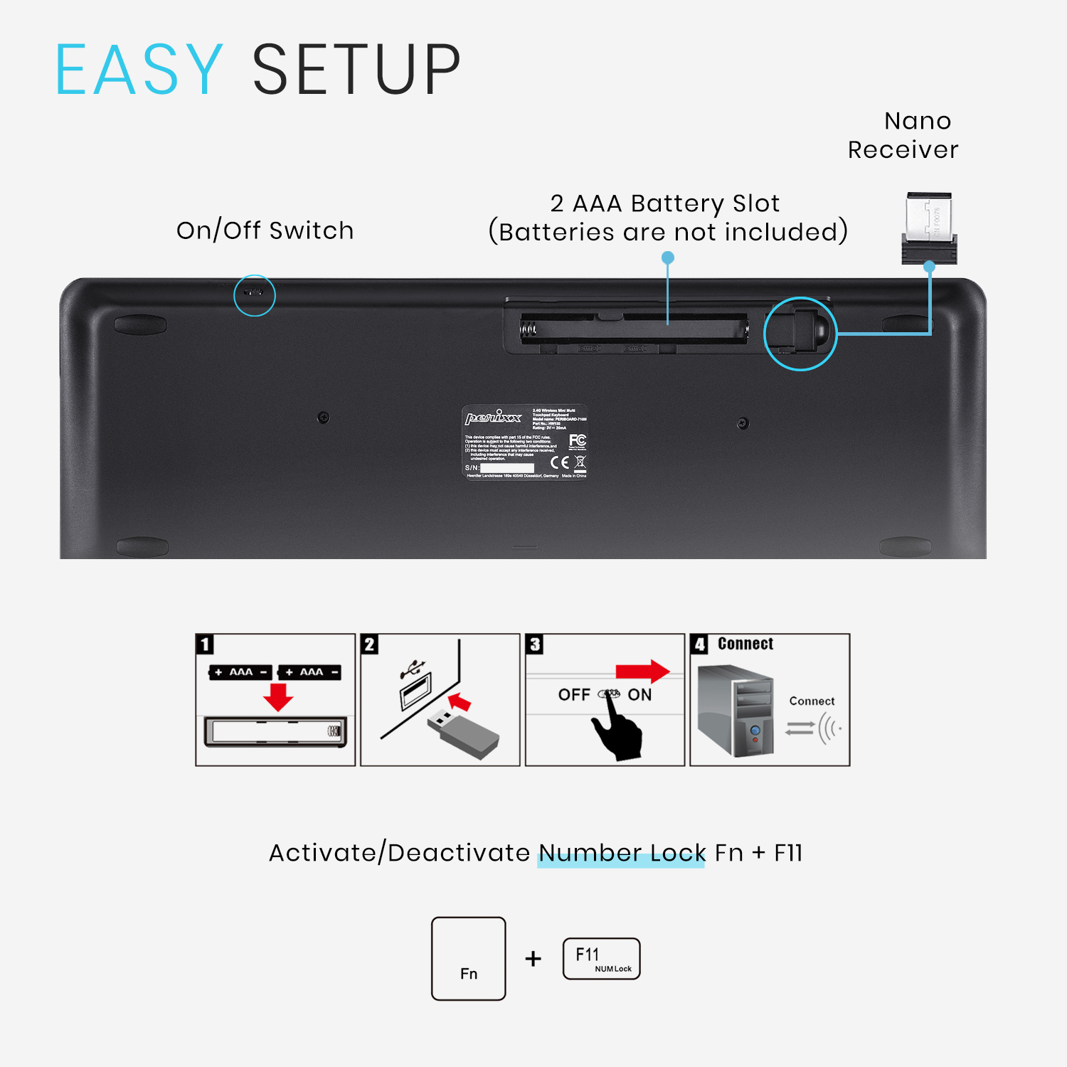 Diagramm: Tastaturrückseite mit Batteriesteckplatz, Ein-/Ausschalter, Nano-Empfänger und Gebrauchsanweisung.