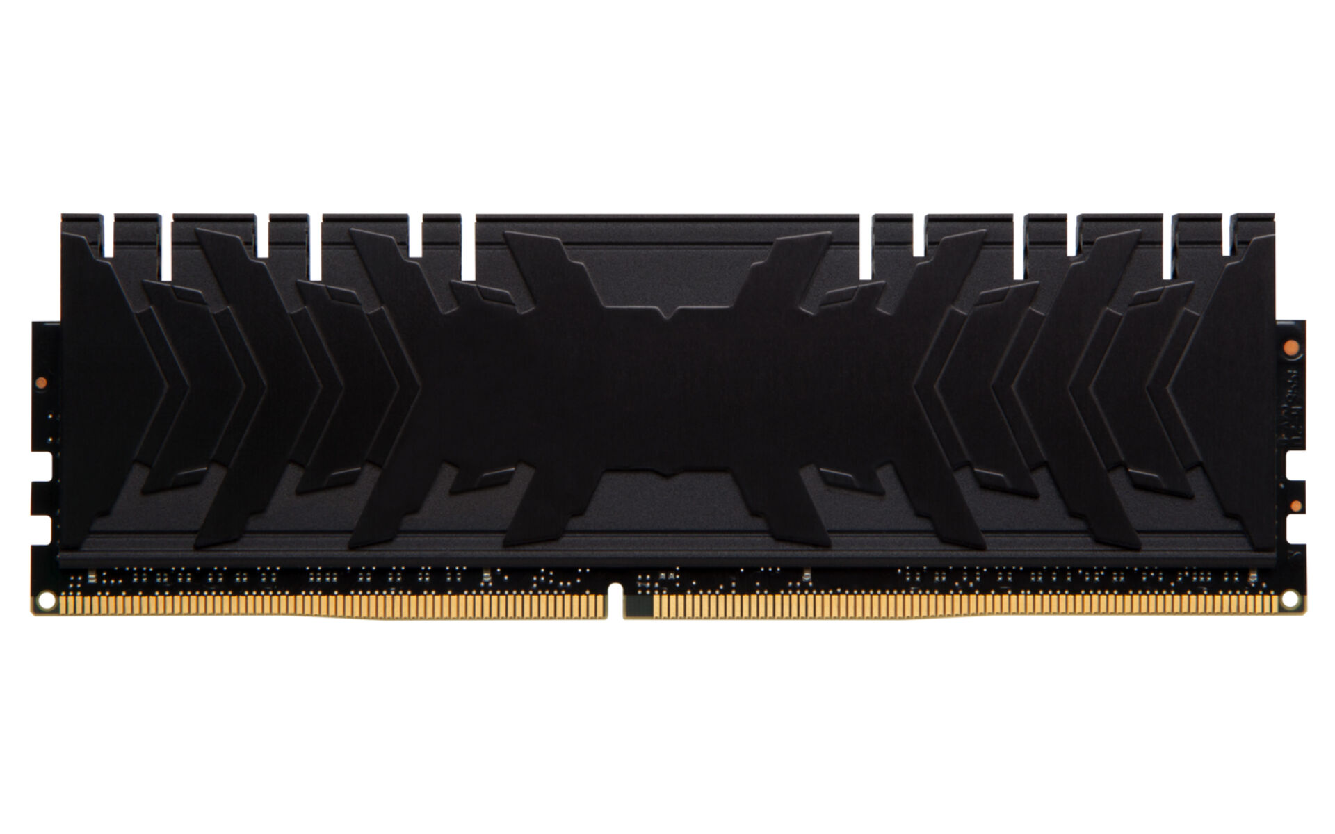 Schwarzer Computer-RAM-Stick mit detailliertem Design auf weißem Hintergrund. Der RAM ist schwarz.