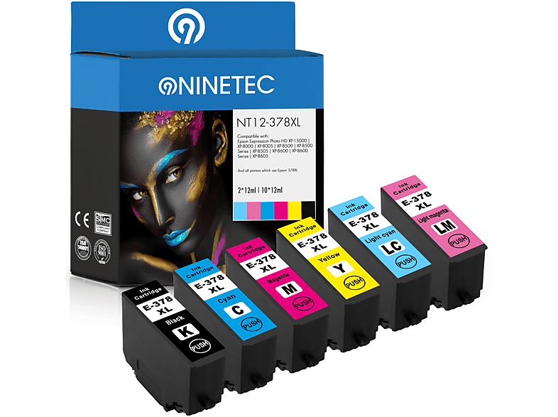 NINETEC 12er Set Patronen ersetzt 378XL Tintenpatronen black, cyan, magenta, yellow, lightcyan, lightmagenta (C 13 T 37914010, C 13 T 37924010, C 13 T 37934010, C 13 T 37944010, C 13 T 37954010, C 13 T 37964010)