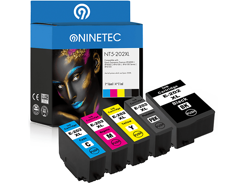 NINETEC 5er Set Patronen ersetzt 202XL Tintenpatronen black, cyan, magenta, yellow, photoblack (C 13 T 02G14010, C 13 T 02G74010, C 13 T 02H14010, C 13 T 02H24010, C 13 T 02H34010, C 13 T 02H44010)