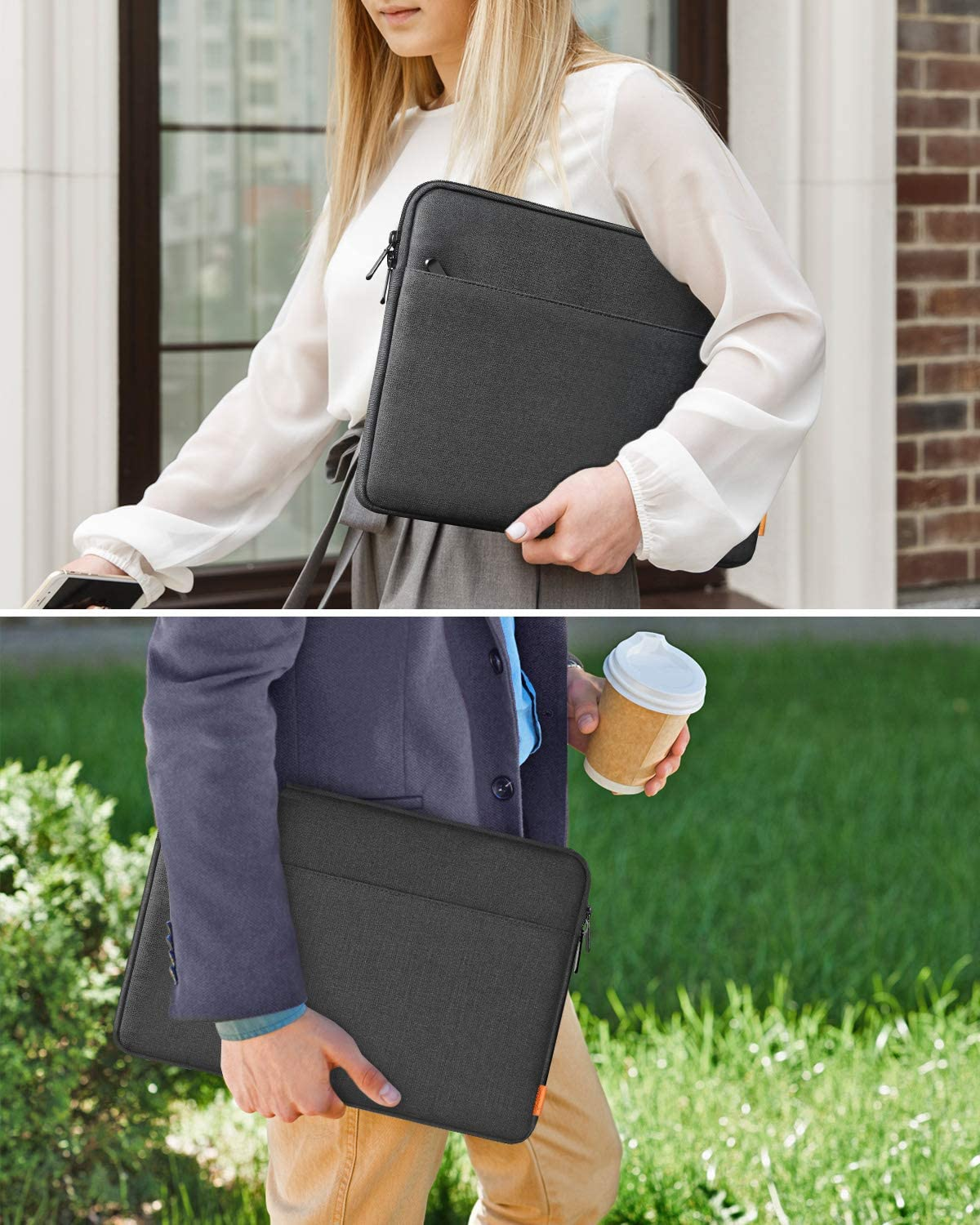 Frau hält Laptoptasche, und eine andere hält Tasche und Kaffeetasse. Beide Taschen sind grau.