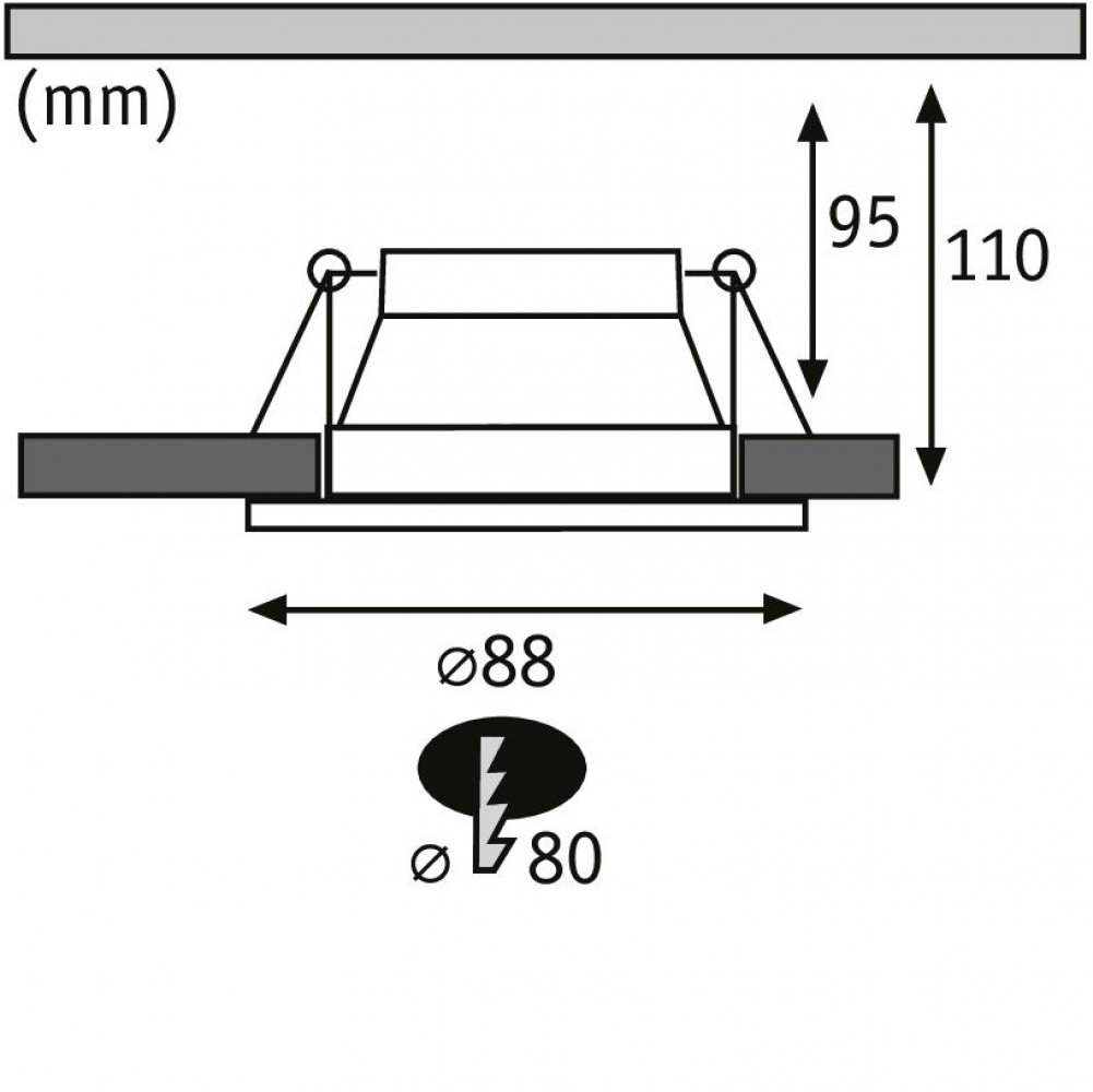 Diagramma di un apparecchio di illuminazione a incasso con dimensioni. Include un cerchio e un simbolo di fulmine.