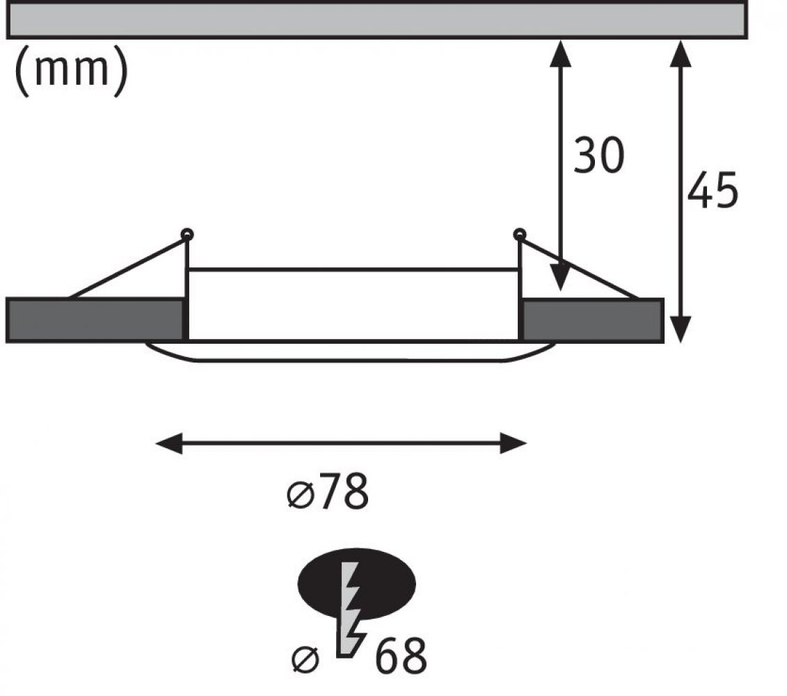 Diagramm eines Einbaustrahlers mit Abmessungen und einem Blitzsymbol.