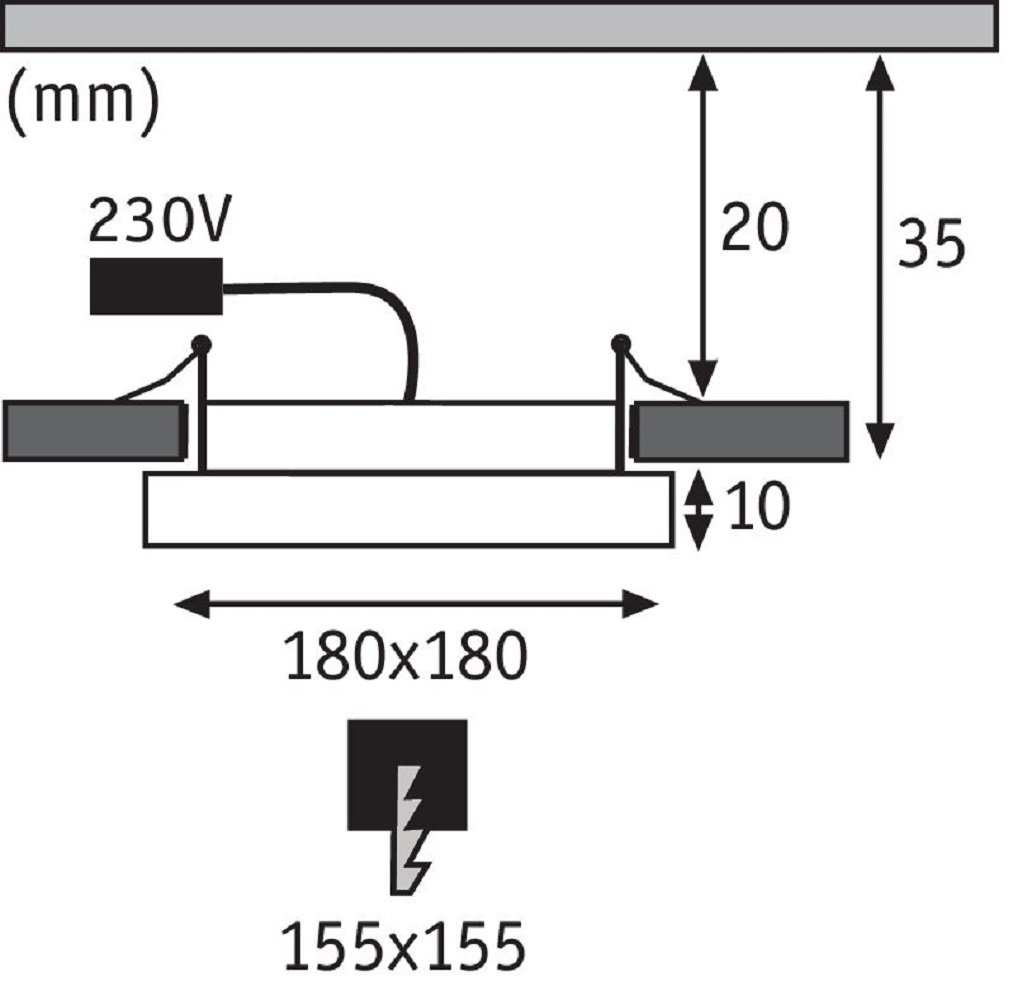 Diagramm einer Einbauleuchte mit Abmessungen und Spannungsanforderungen.