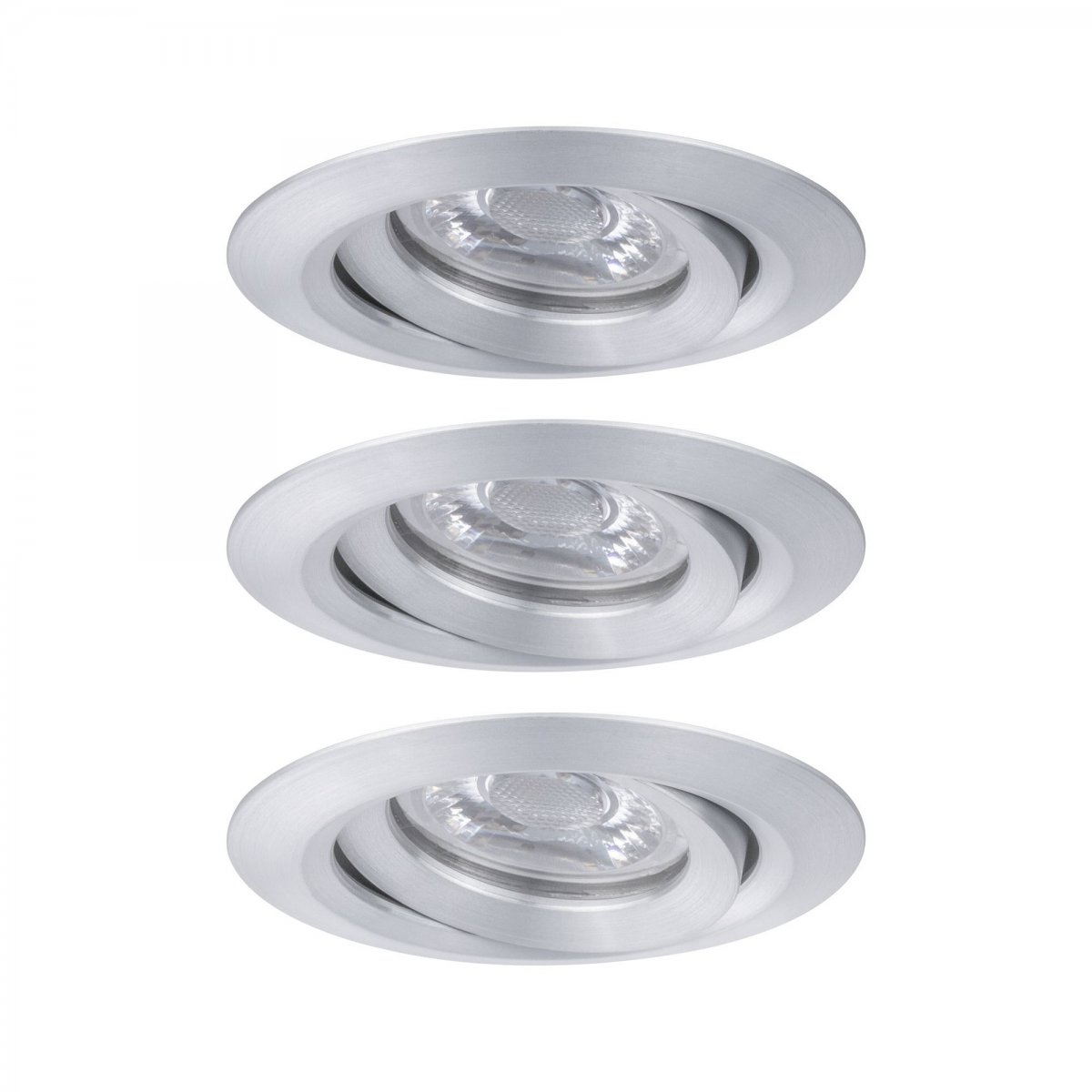 Drei Einbaudeckenleuchten, silbernes Finish, jeweils mit einem zentralen Licht und einem Metallring.