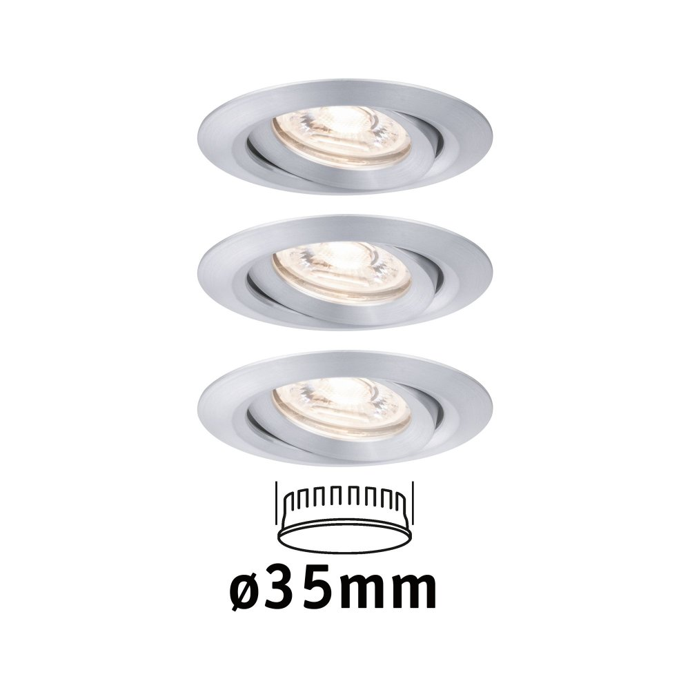 Drei Einbaustrahler in einer Reihe. Der Durchmesser beträgt 35 mm.