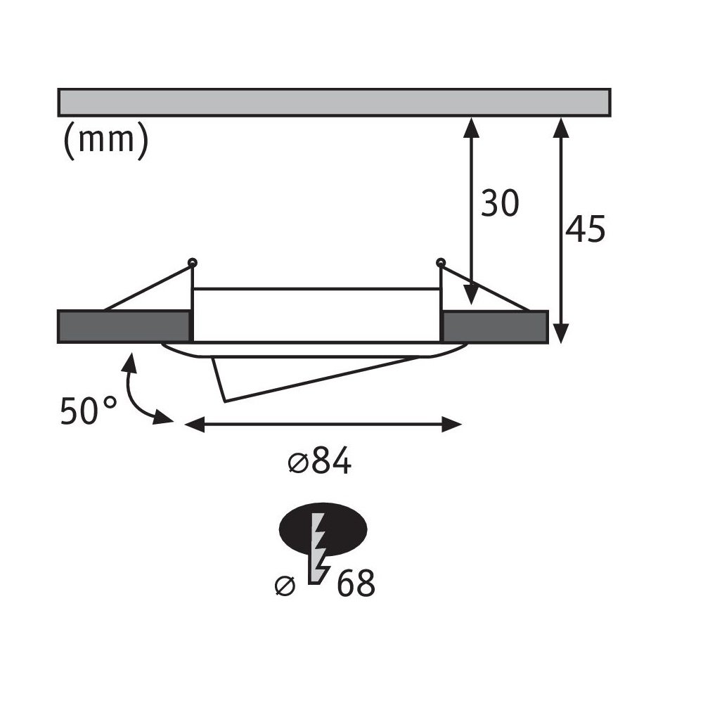 Ein Diagramm mit Messungen und Winkeln, mit Abmessungen in mm. Zeigt ein elektrisches Symbol.