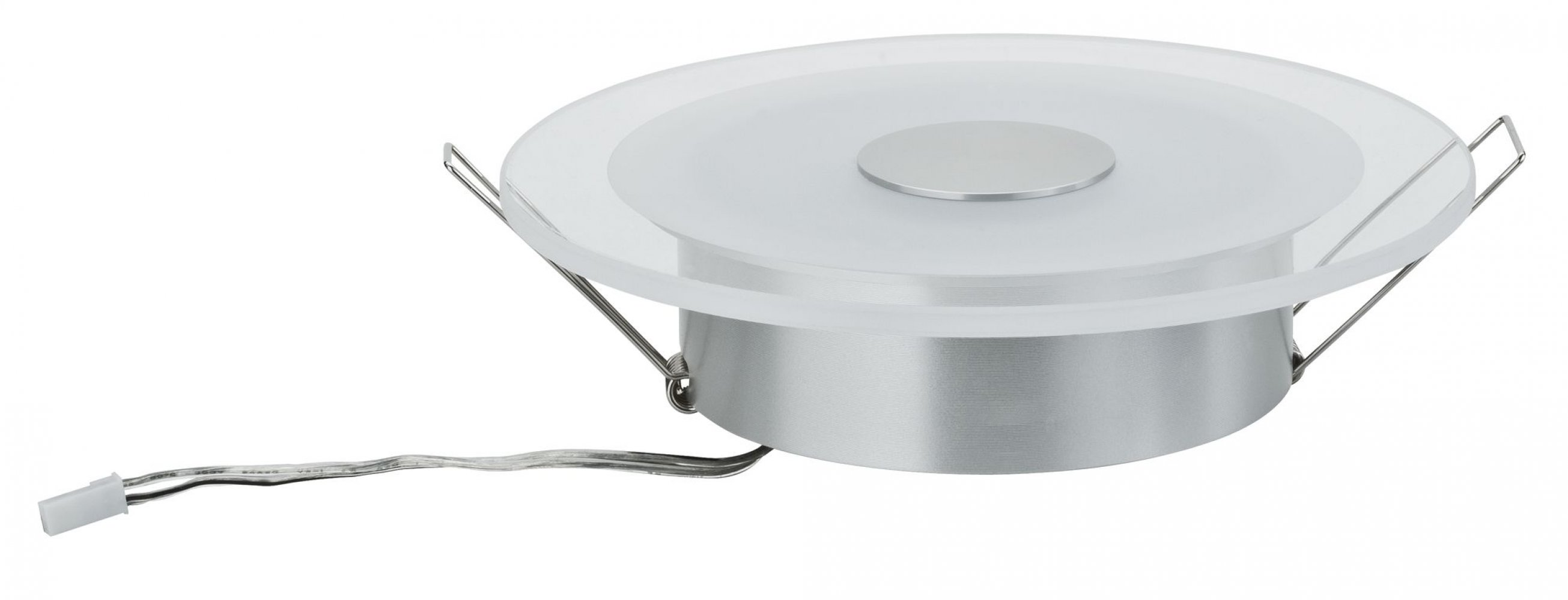 Un apparecchio di illuminazione a soffitto a LED rotondo bianco con base argentata e filo.