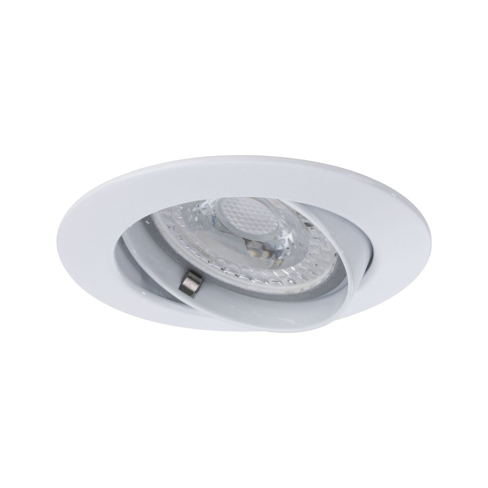 Ein weißes Deckeneinbauleuchte mit schwenkbarer, verstellbarer Lichtquelle und weißem Rahmen.