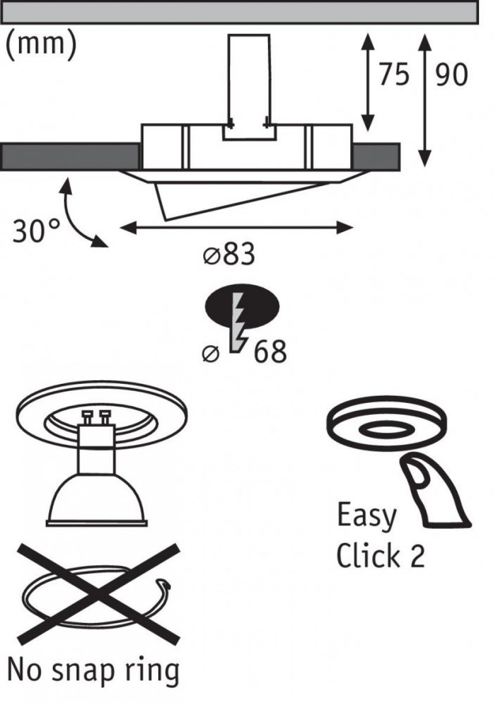 Diagramm mit Abmessungen für einen Einbaustrahler, mit einer Hand, die auf ein Bild eines Lichts klickt.