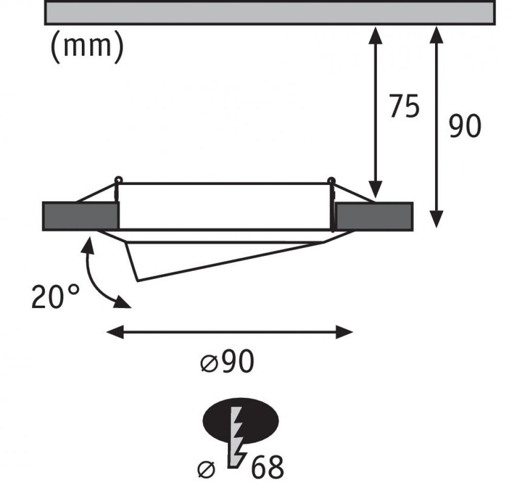 Diagramme montrant les dimensions d'un luminaire encastré.
