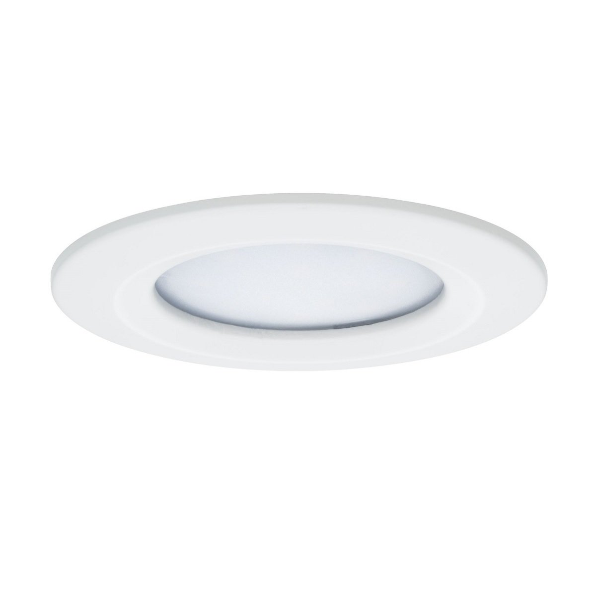 Un apparecchio di illuminazione a incasso rotondo e bianco. La luce è spenta.