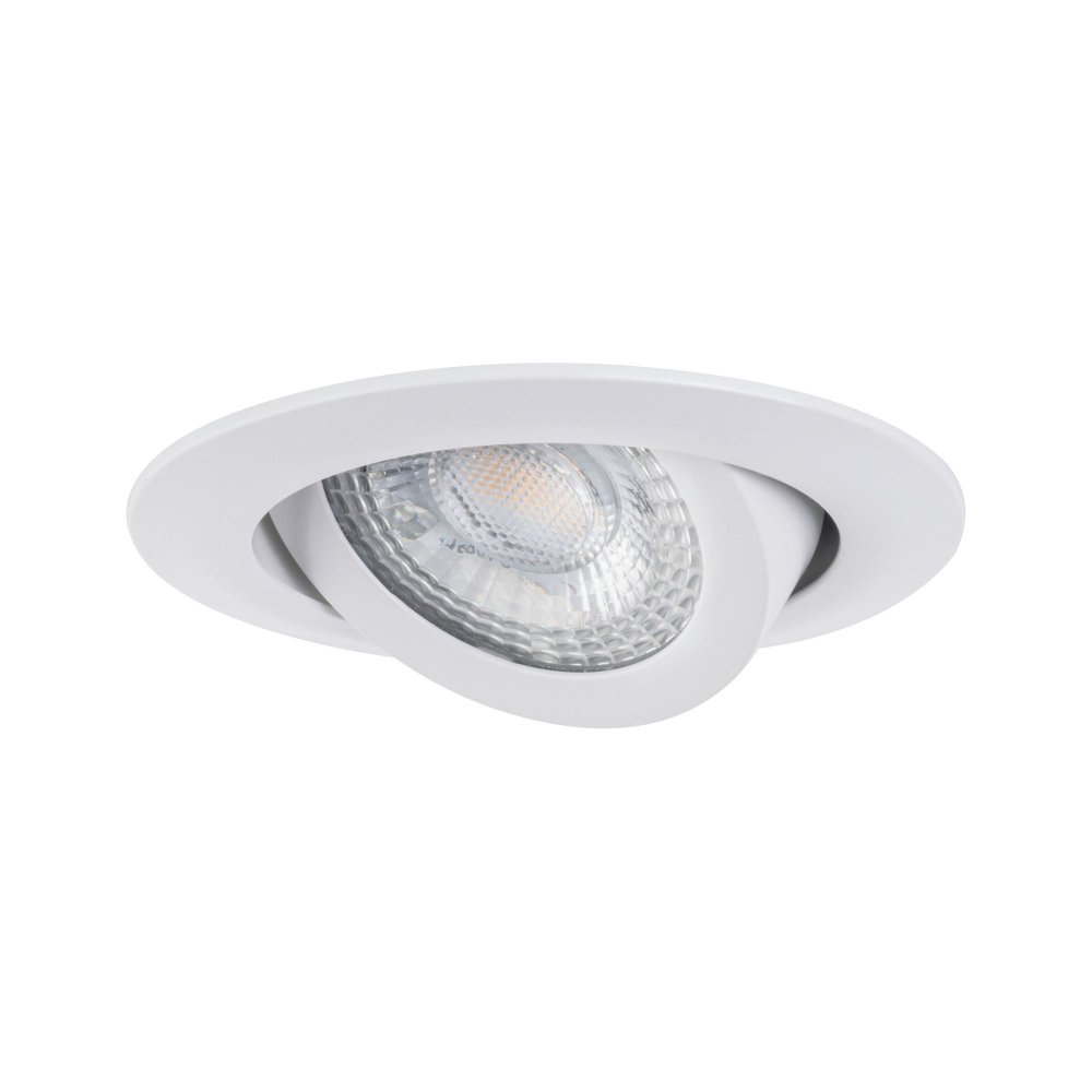 Weißer Einbau-LED-Spot. Er hat einen runden Rahmen und eine Lichtquelle. Das Licht ist weiß.