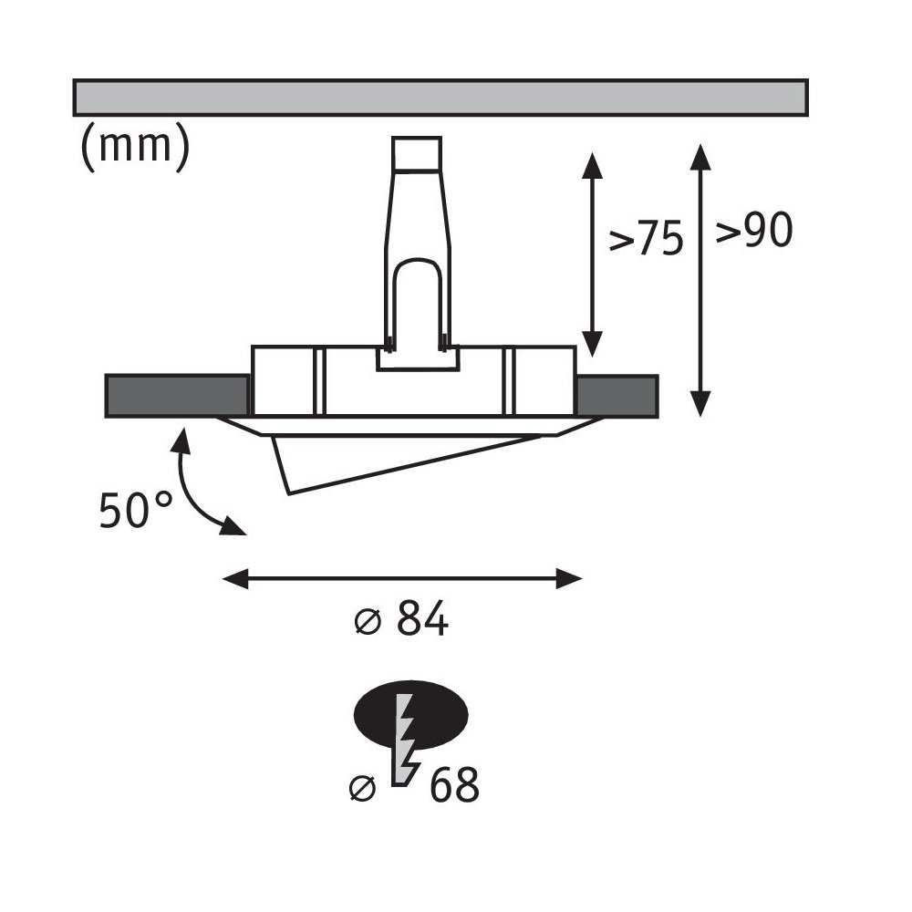 Diagramm eines Einbaustrahlers. Enthält Abmessungen, Winkel und ein kleines Glühbirnensymbol.
