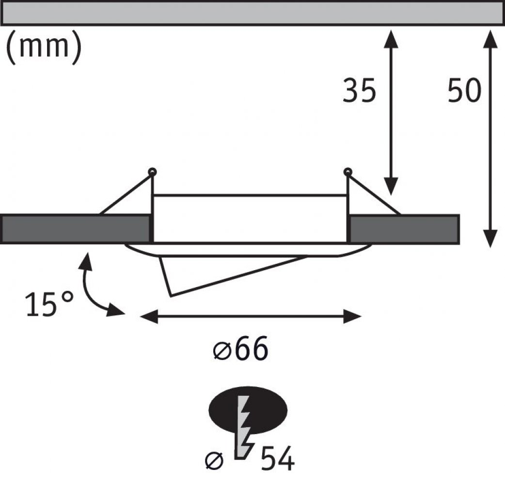 Diagramm eines Einbaustrahlers. Zeigt Abmessungen, einen 15-Grad-Winkel und eine Glühbirne.