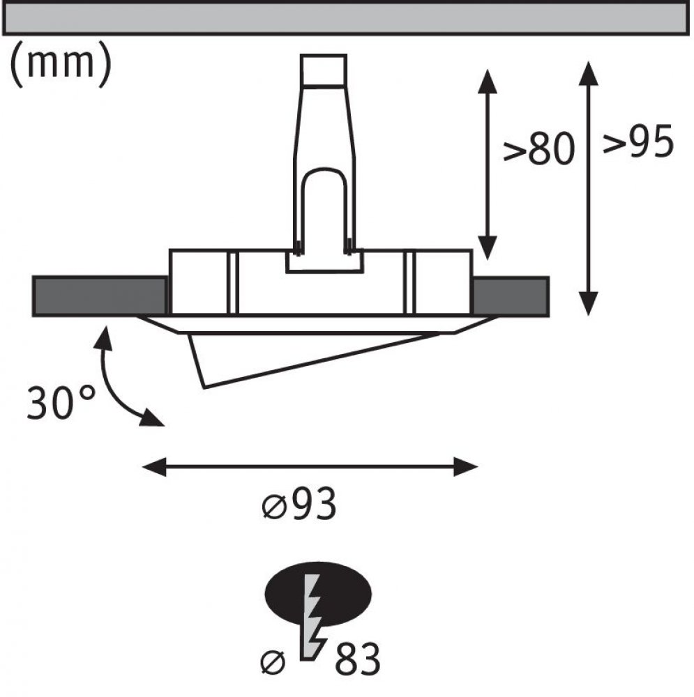 Diagramma con dimensioni per l'installazione di un apparecchio di illuminazione a incasso, con misure e angolo.