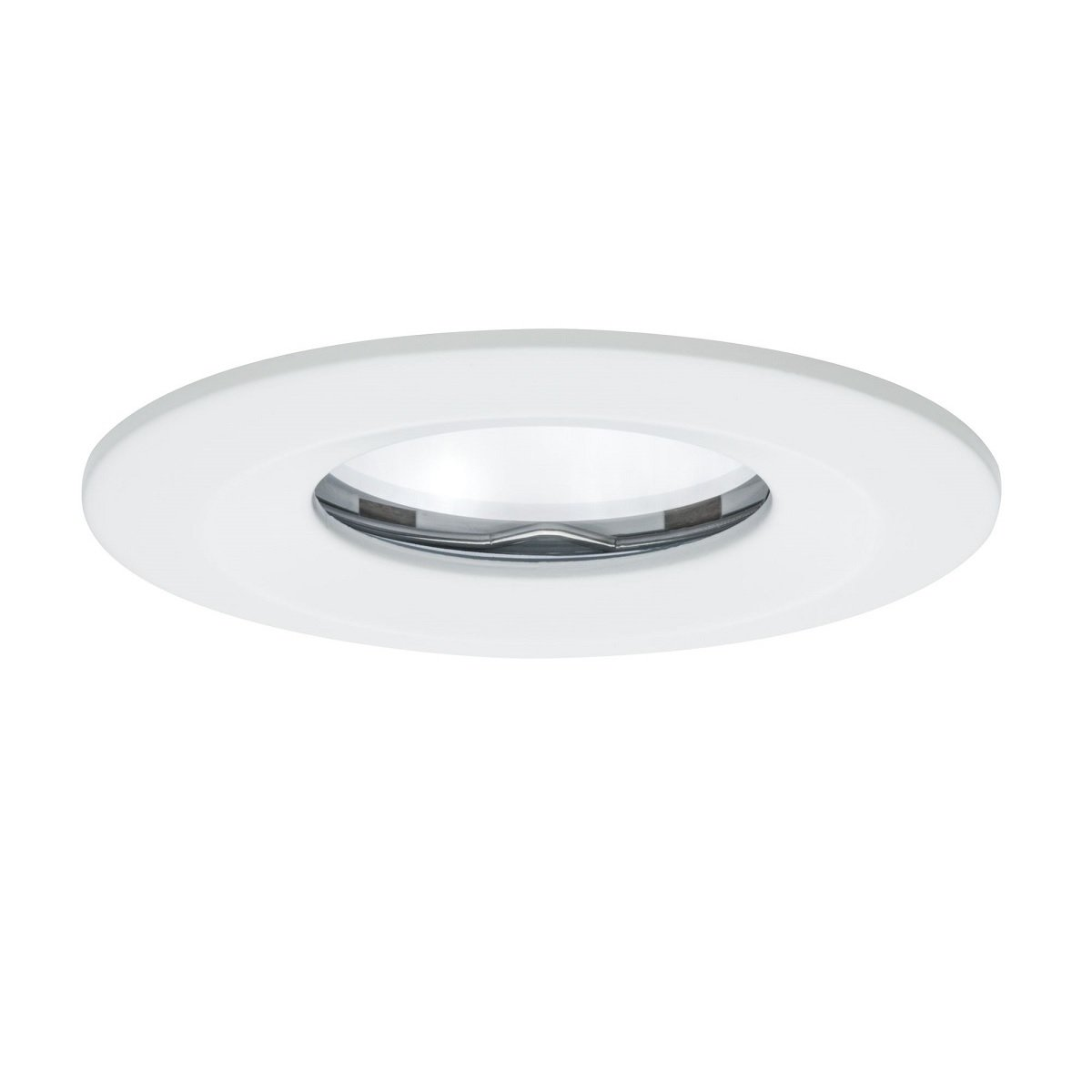 Faretto da incasso bianco. Design circolare con lampada centrale. Isolato su sfondo bianco.