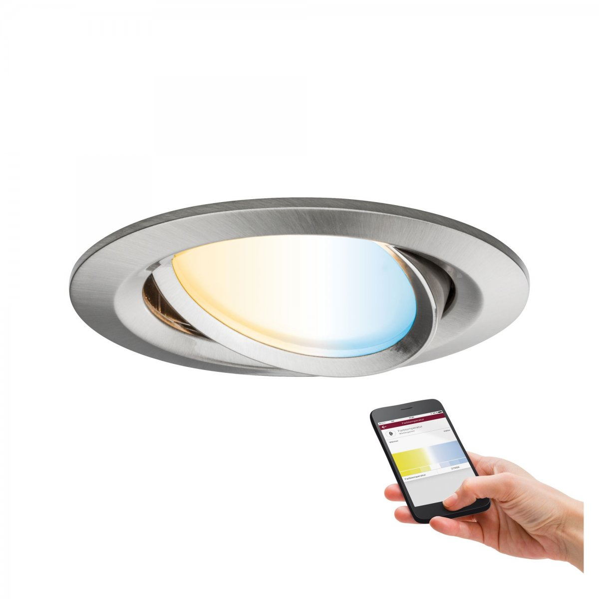 Einbaudeckenleuchte mit silbernem Rahmen. Eine Hand hält ein Telefon, das Lichteinstellungen anzeigt.