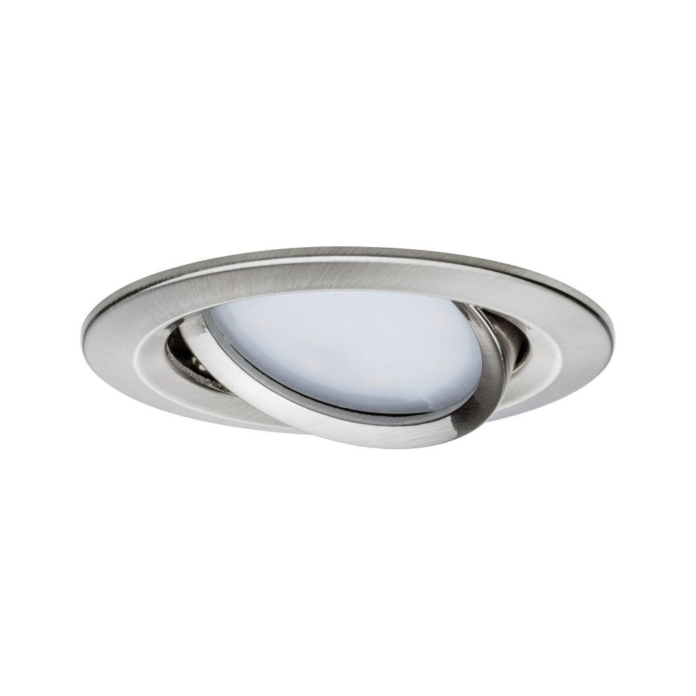 Silberne Einbauleuchte mit weißer Lichtquelle und ovaler Form.