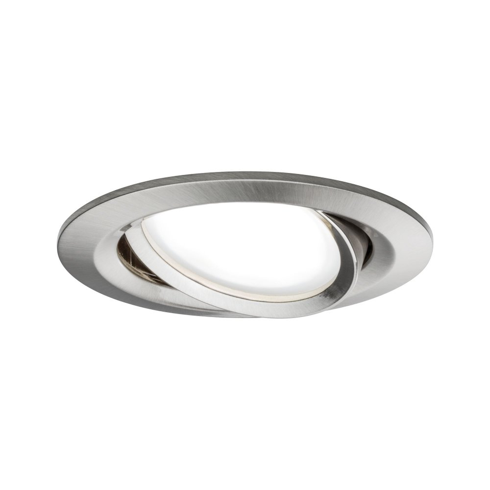 Ein Einbau-Deckenleuchtengehäuse aus Silbermetall mit einer zentralen weißen Lichtquelle.